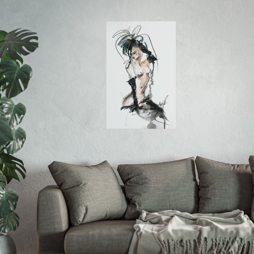 Figurative Fine Art Poster |  Watercolor Nude Fashion Sketch | Woman In Black Gloves