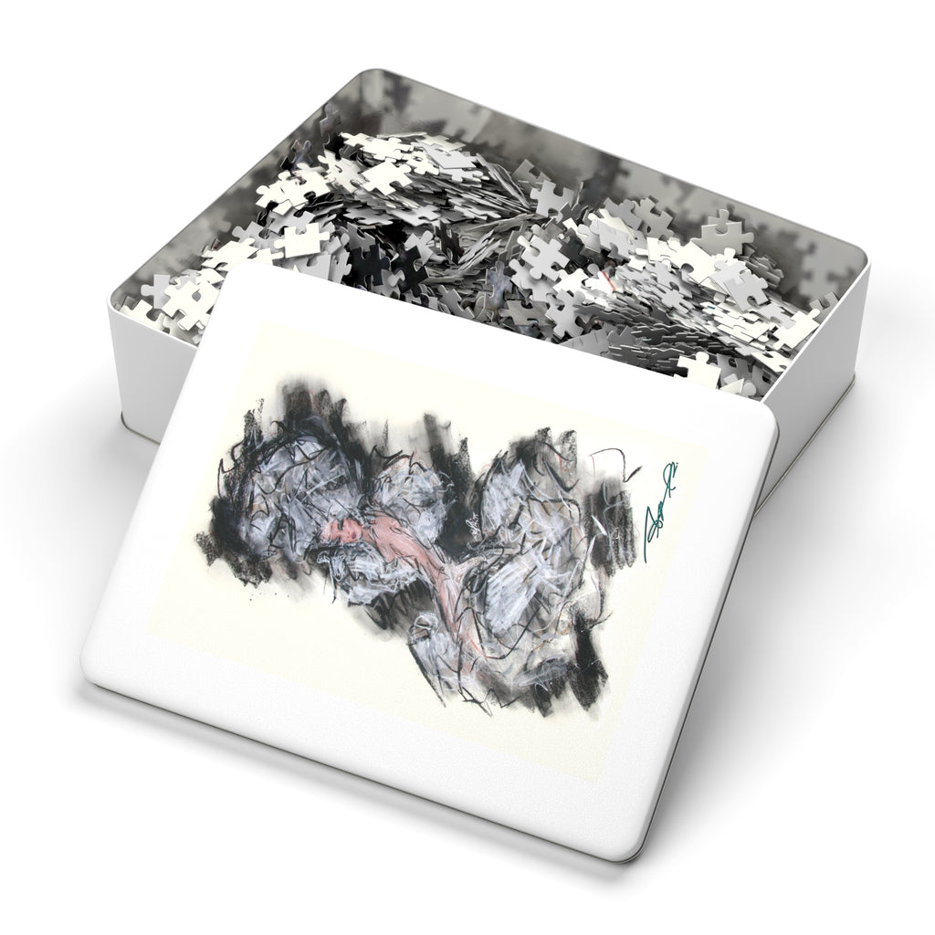 Abstract Charcoal Art Jigsaw Puzzle with Tin – Modern Black & Pink Sketch