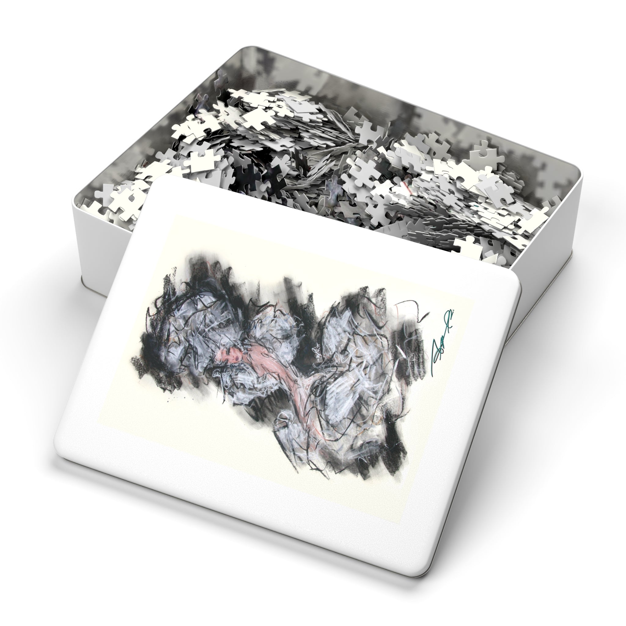 Abstract Charcoal Art Jigsaw Puzzle with Tin – Modern Black & Pink Sketch