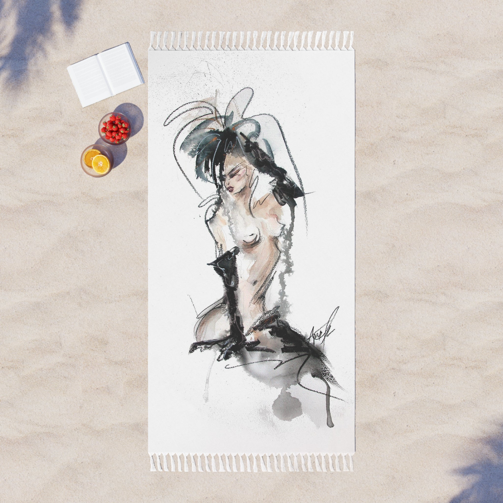 Woman In Black Gloves – Bohemian Watercolor Pin-Up Beach Towel