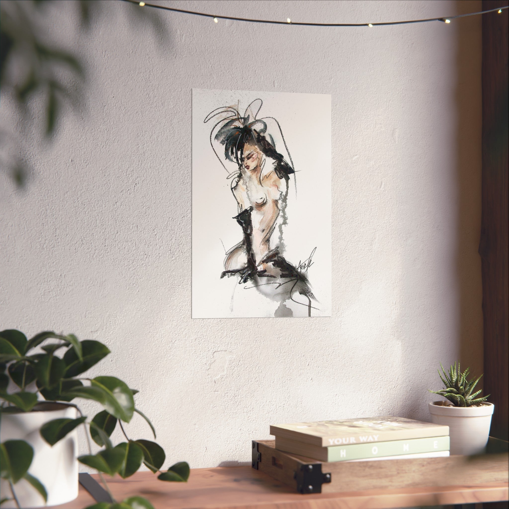 Figurative Fine Art Poster |  Watercolor Nude Fashion Sketch | Woman In Black Gloves