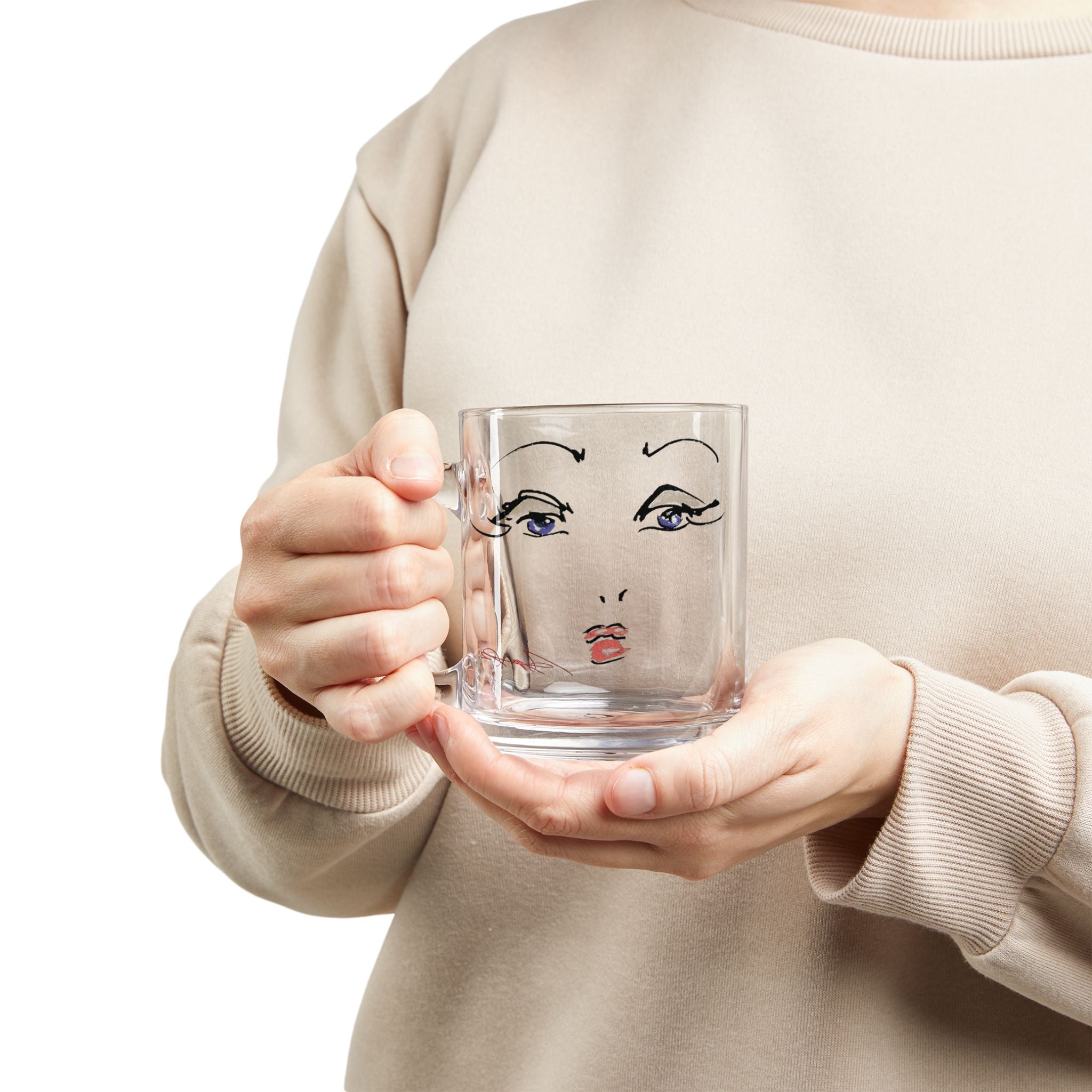 Minimalist Face Sketch Glass Mug | 10oz Clear Coffee Cup