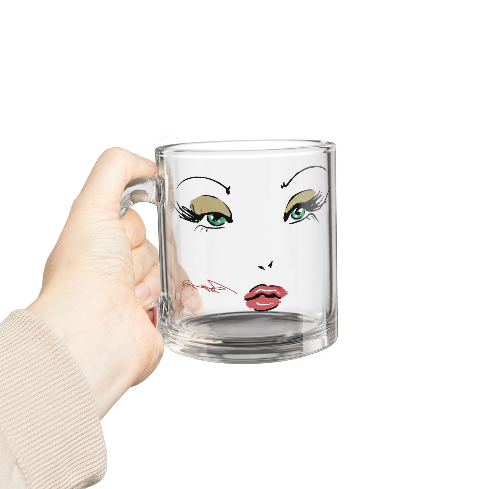 Glam Makeup Face Glass Mug | 10oz Clear Coffee Cup
