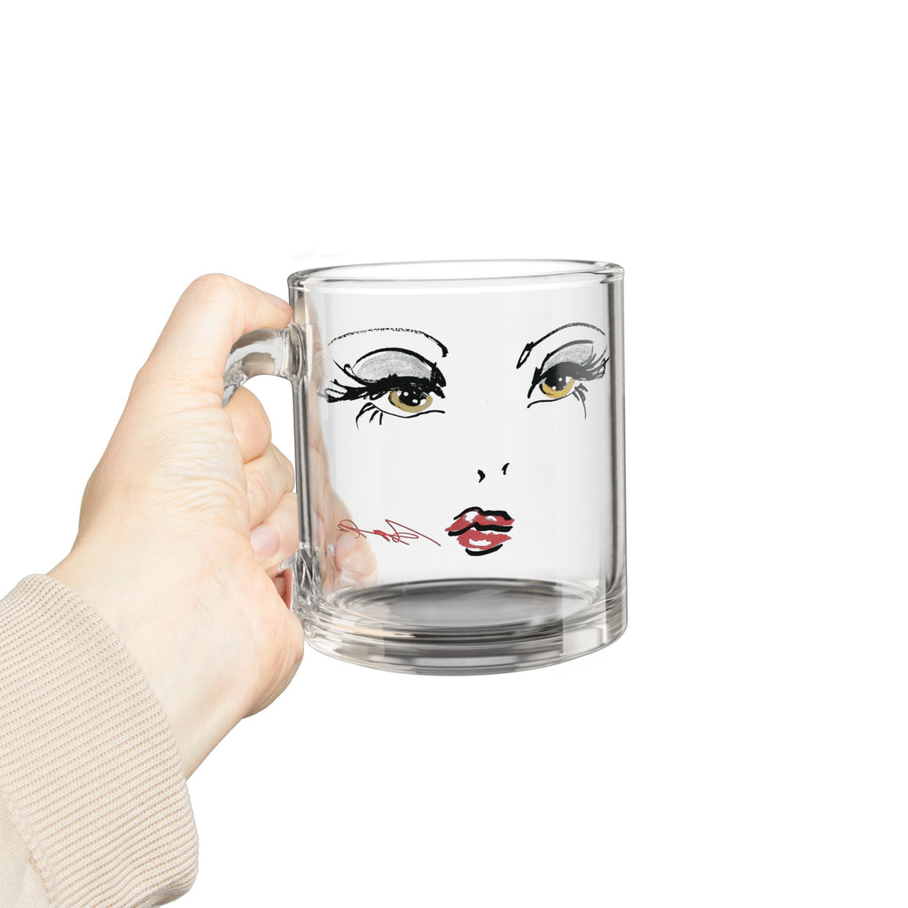 Stylized Makeup Face Glass Mug | 10oz Clear Coffee Cup