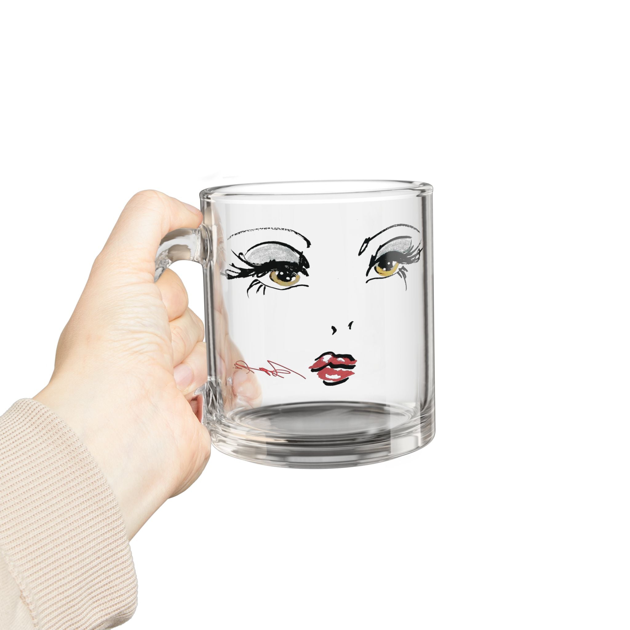 Stylized Makeup Face Glass Mug | 10oz Clear Coffee Cup