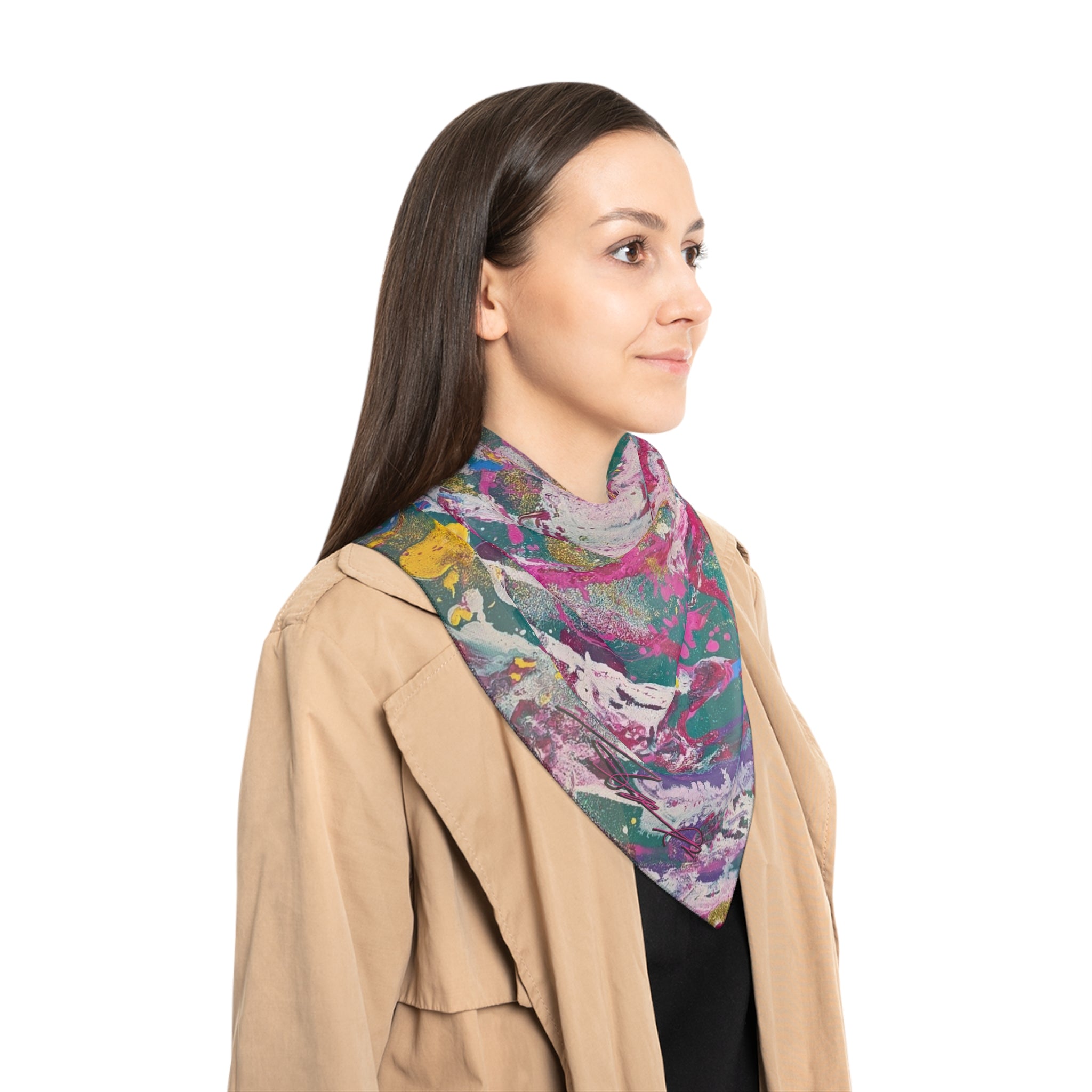 Abstract Watercolor Silk-Feel Scarf — Pink Teal Artistic Print