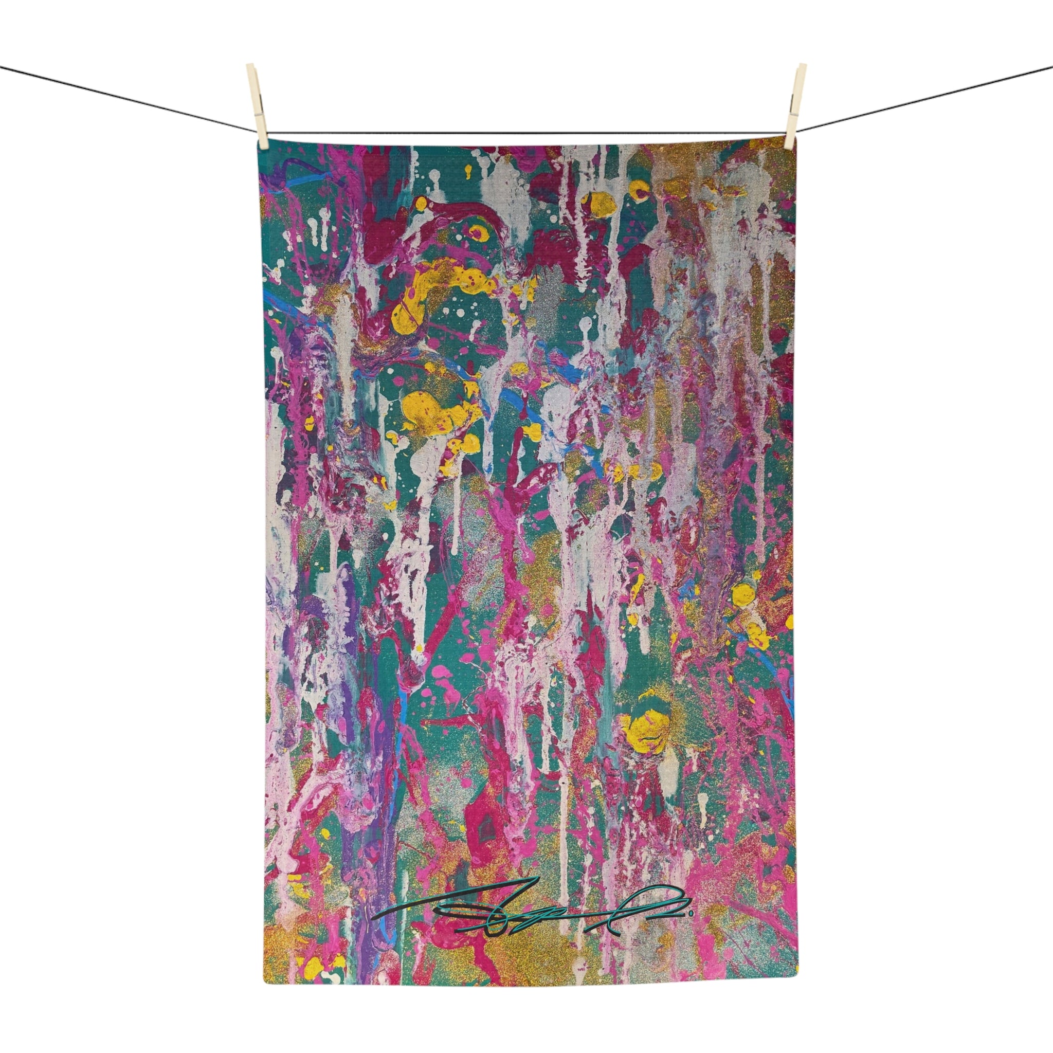 Abstract Color Splash Tea Towel — Vibrant Pink, Teal & Gold Microfiber Kitchen Towel
