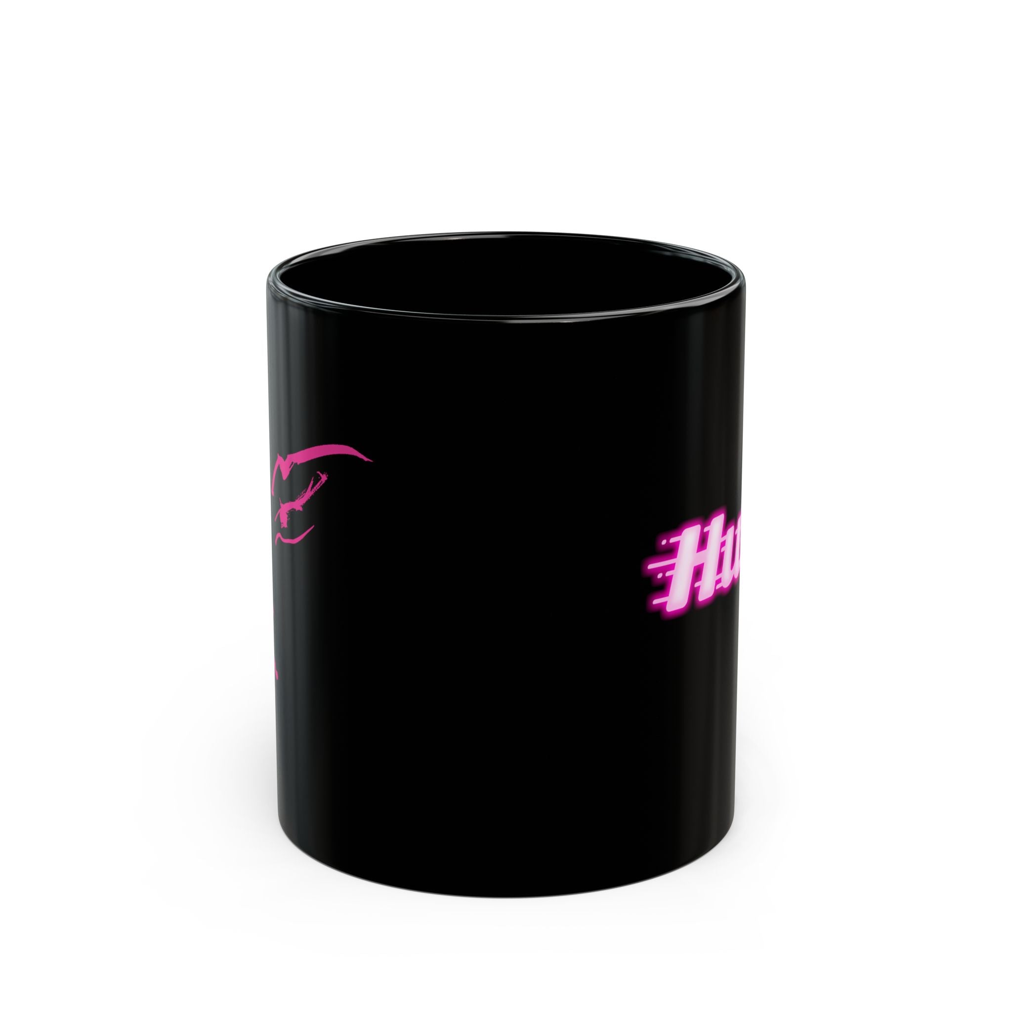 Black Coffee Mug — Neon Pink Cat Face Accent, Cute Minimalist Cat Lover Gift (11oz & 15oz)