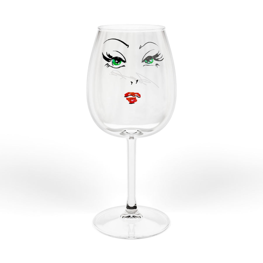 12oz Wine Glass — Glam Face Wine Glass with Green Eyes & Red Lips
