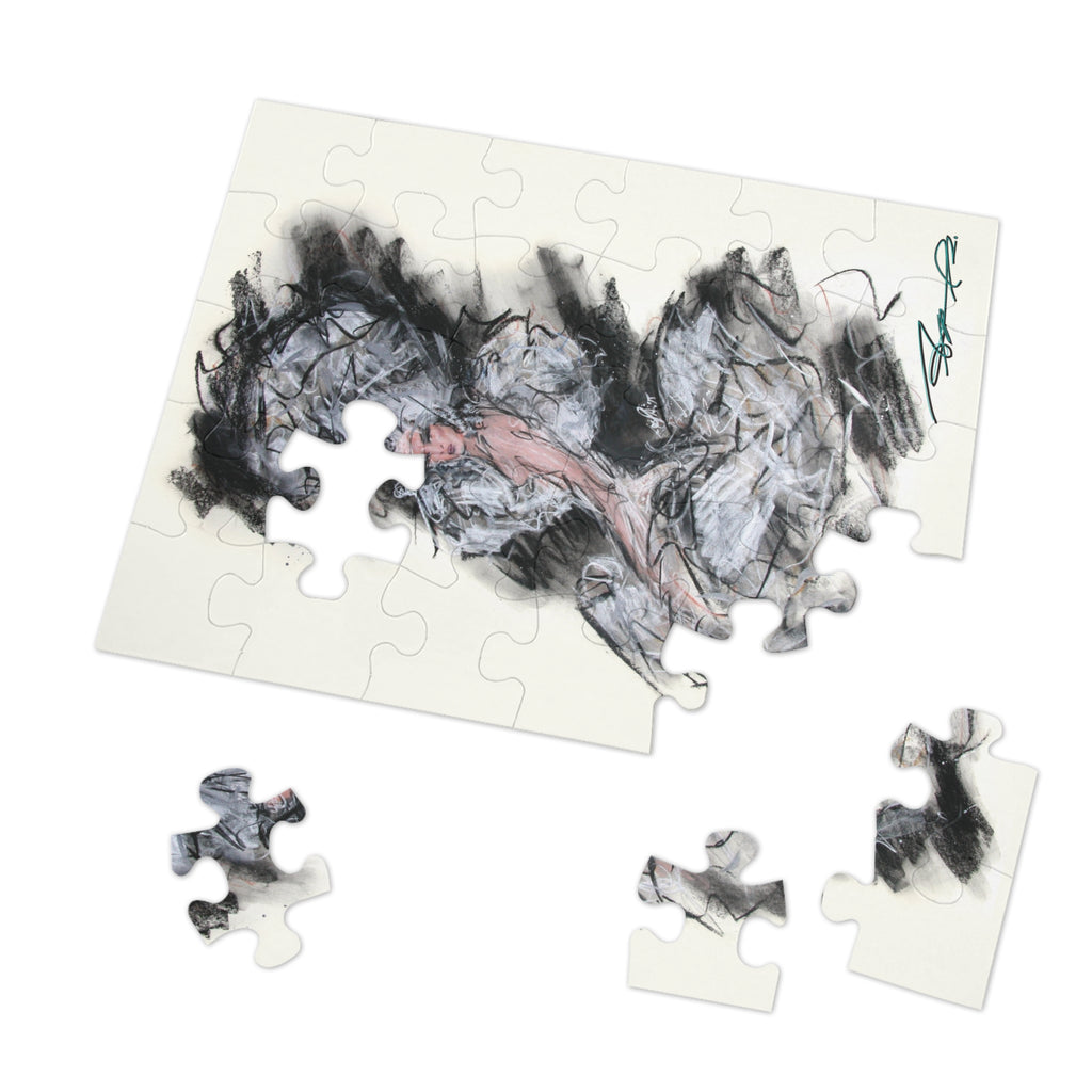 Abstract Charcoal Art Jigsaw Puzzle with Tin – Modern Black & Pink Sketch