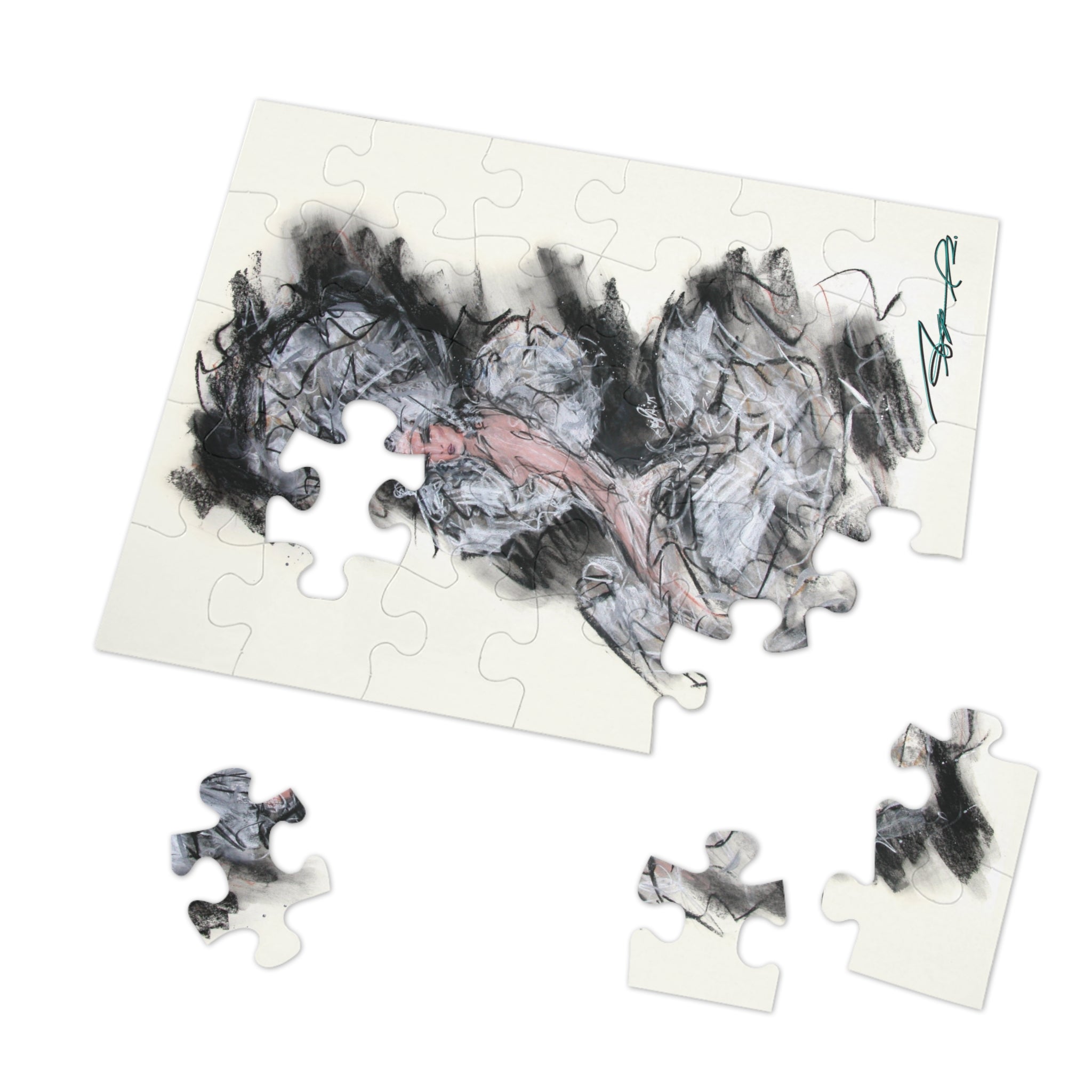 Abstract Charcoal Art Jigsaw Puzzle with Tin – Modern Black & Pink Sketch