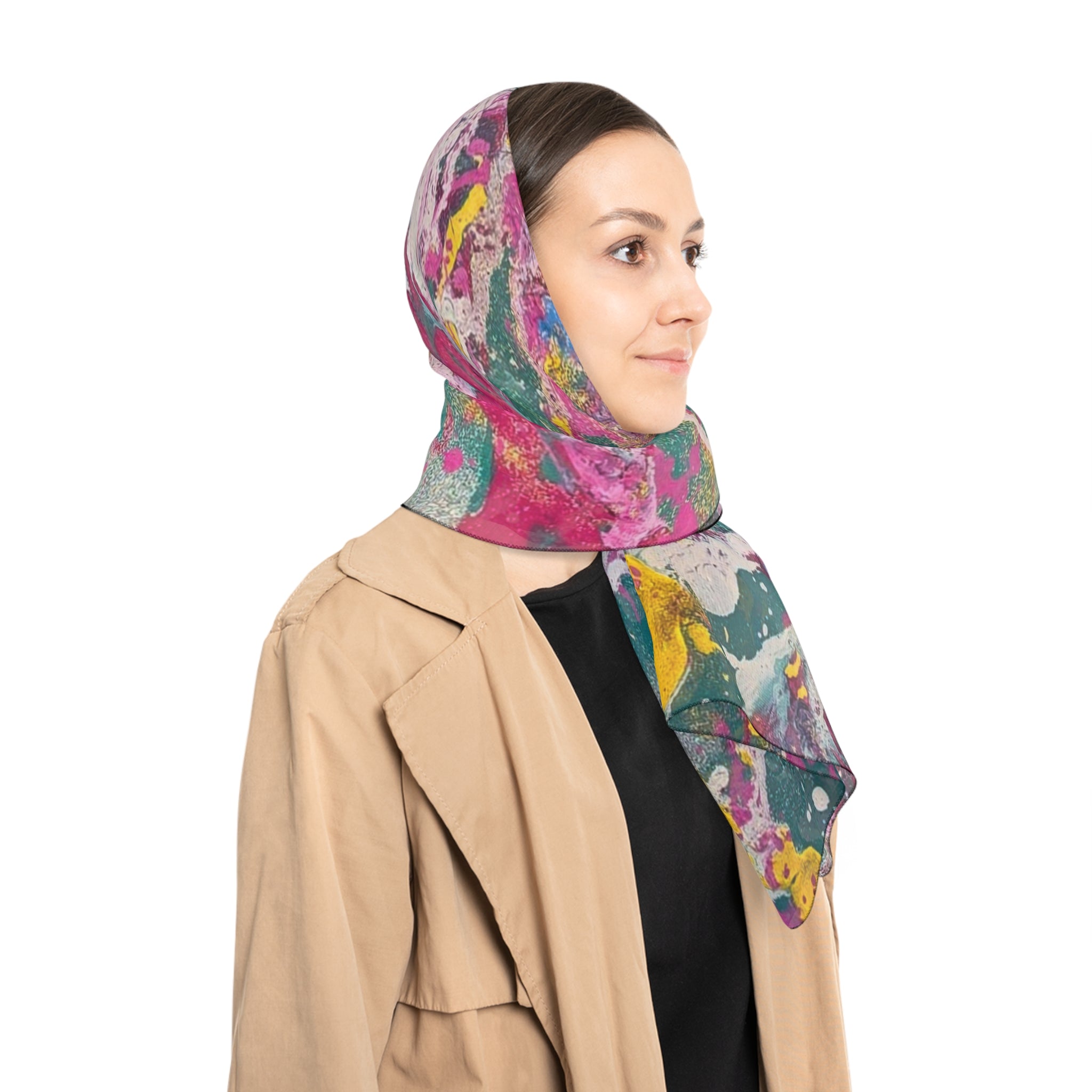 Abstract Watercolor Silk-Feel Scarf — Pink Teal Artistic Print
