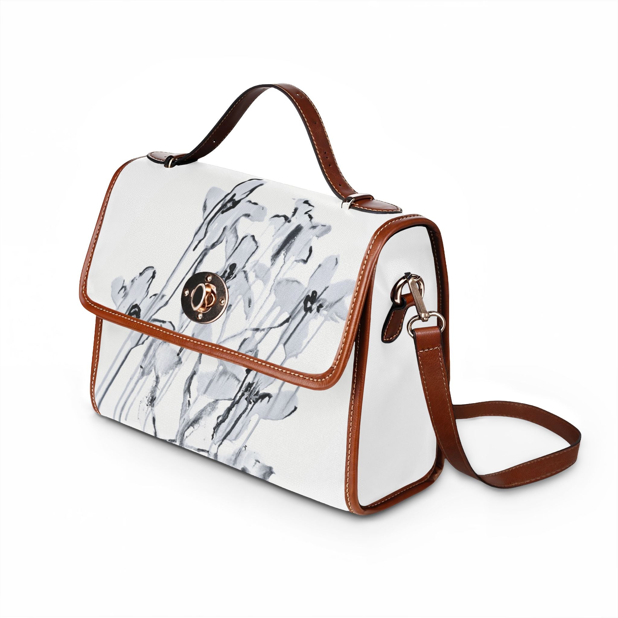 Canvas Satchel — Minimalist Black Ink Floral Waterproof Bag