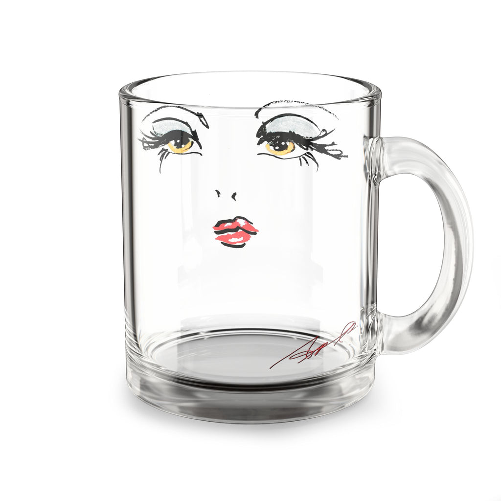 Stylized Makeup Face Glass Mug | 10oz Clear Coffee Cup