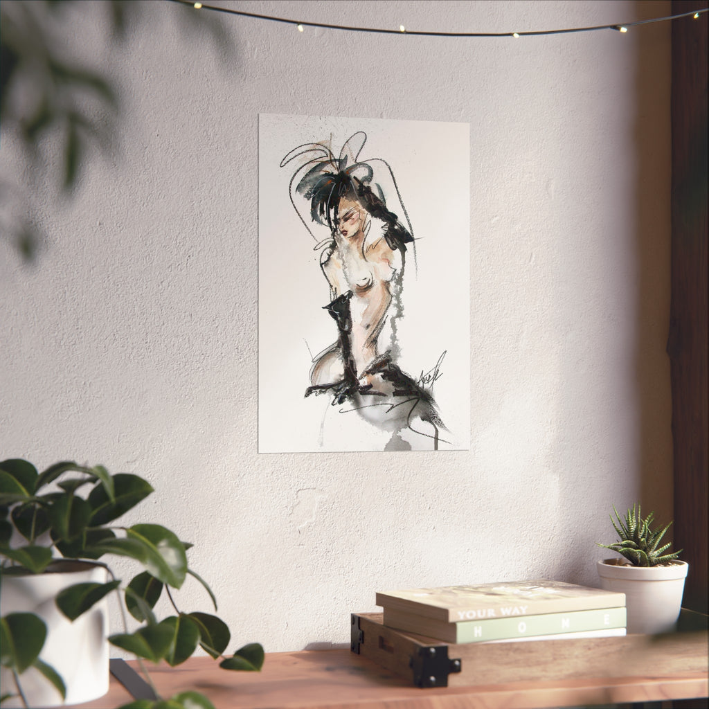 Figurative Fine Art Poster |  Watercolor Nude Fashion Sketch | Woman In Black Gloves