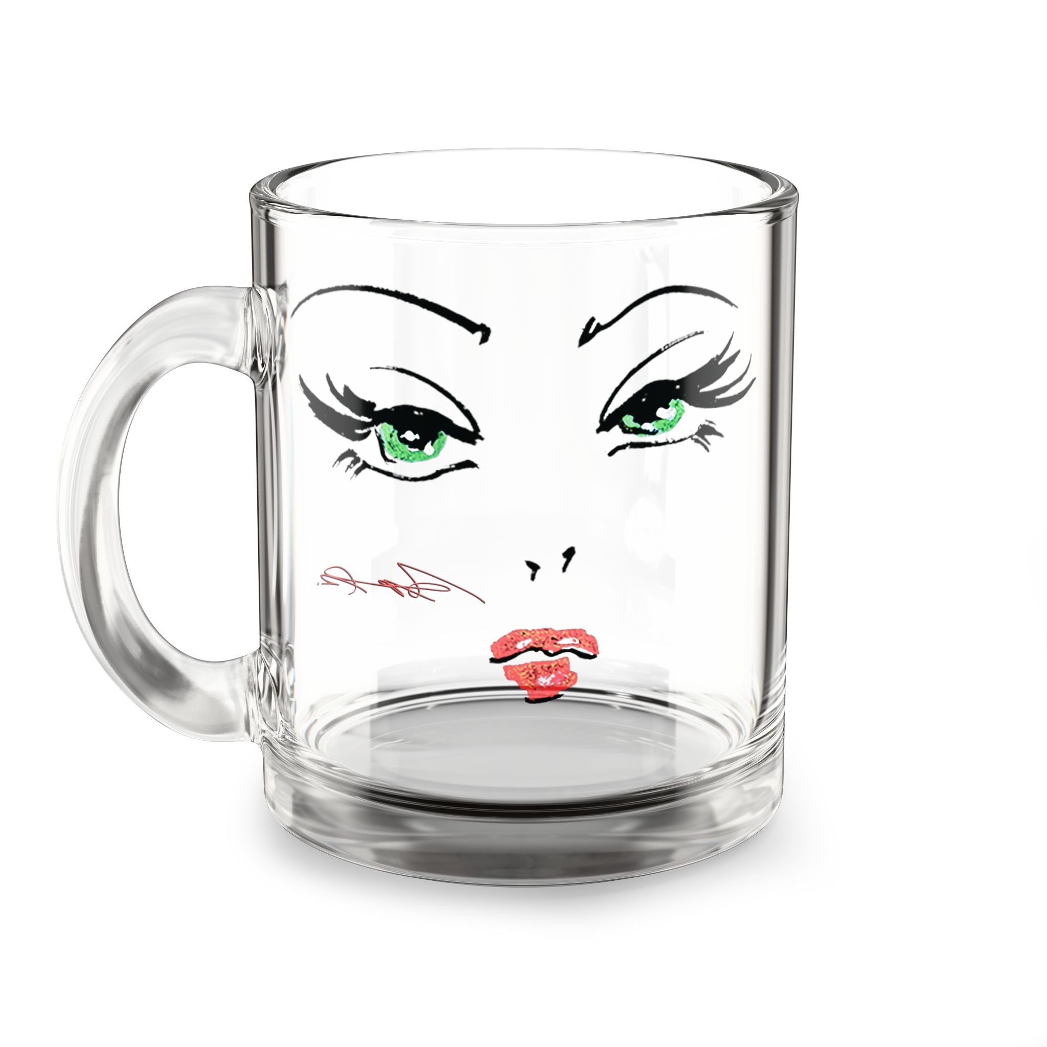 Green-Eyed Glam Face Glass Mug | 10oz Clear Coffee Tea Cup