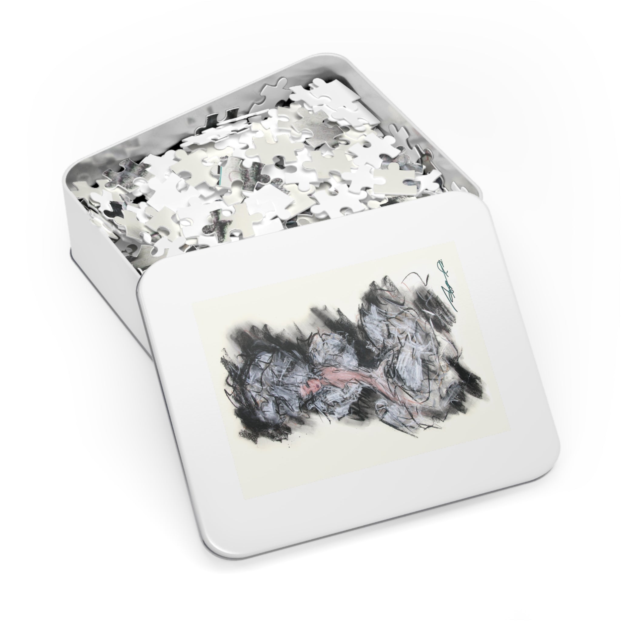 Abstract Charcoal Art Jigsaw Puzzle with Tin – Modern Black & Pink Sketch