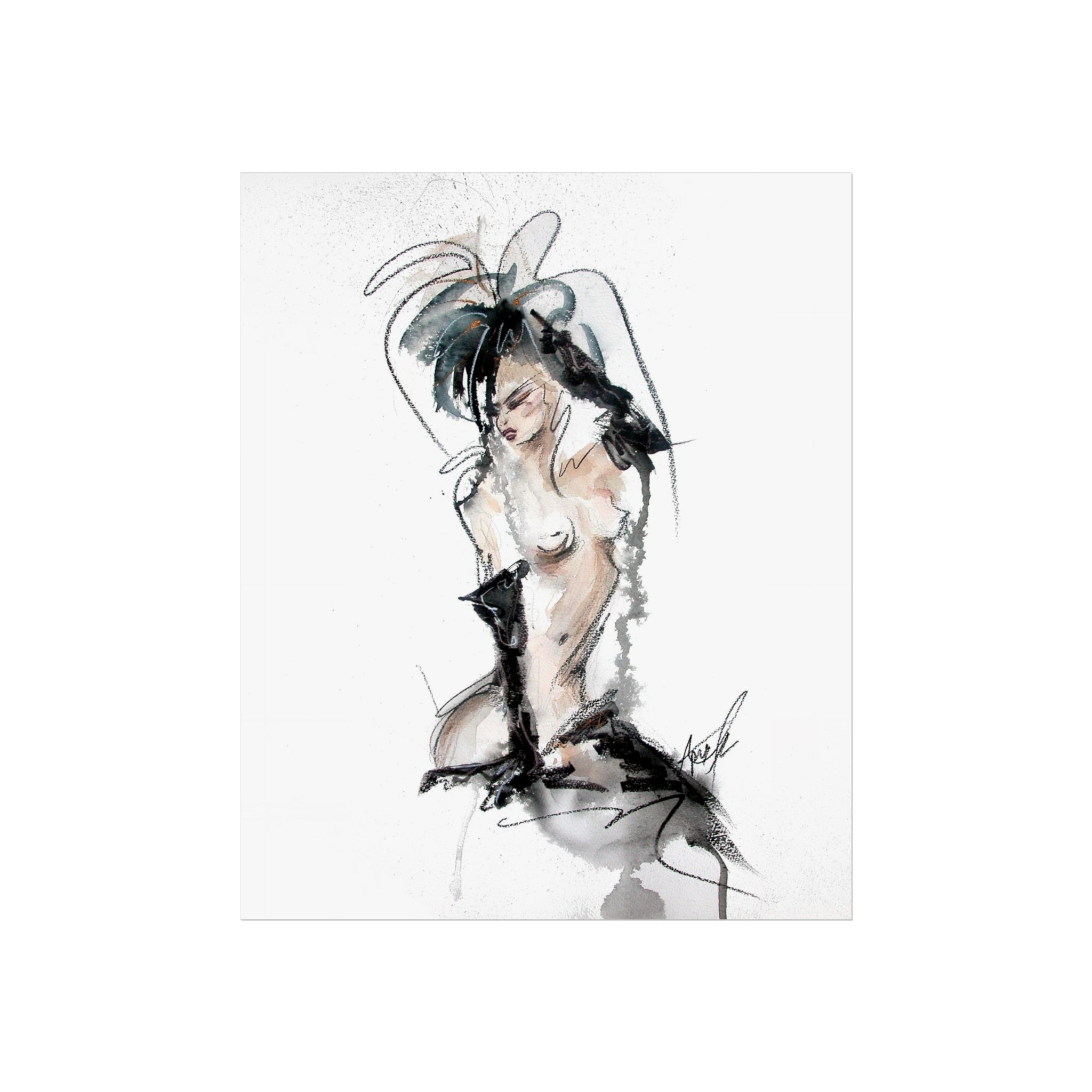Figurative Fine Art Poster |  Watercolor Nude Fashion Sketch | Woman In Black Gloves