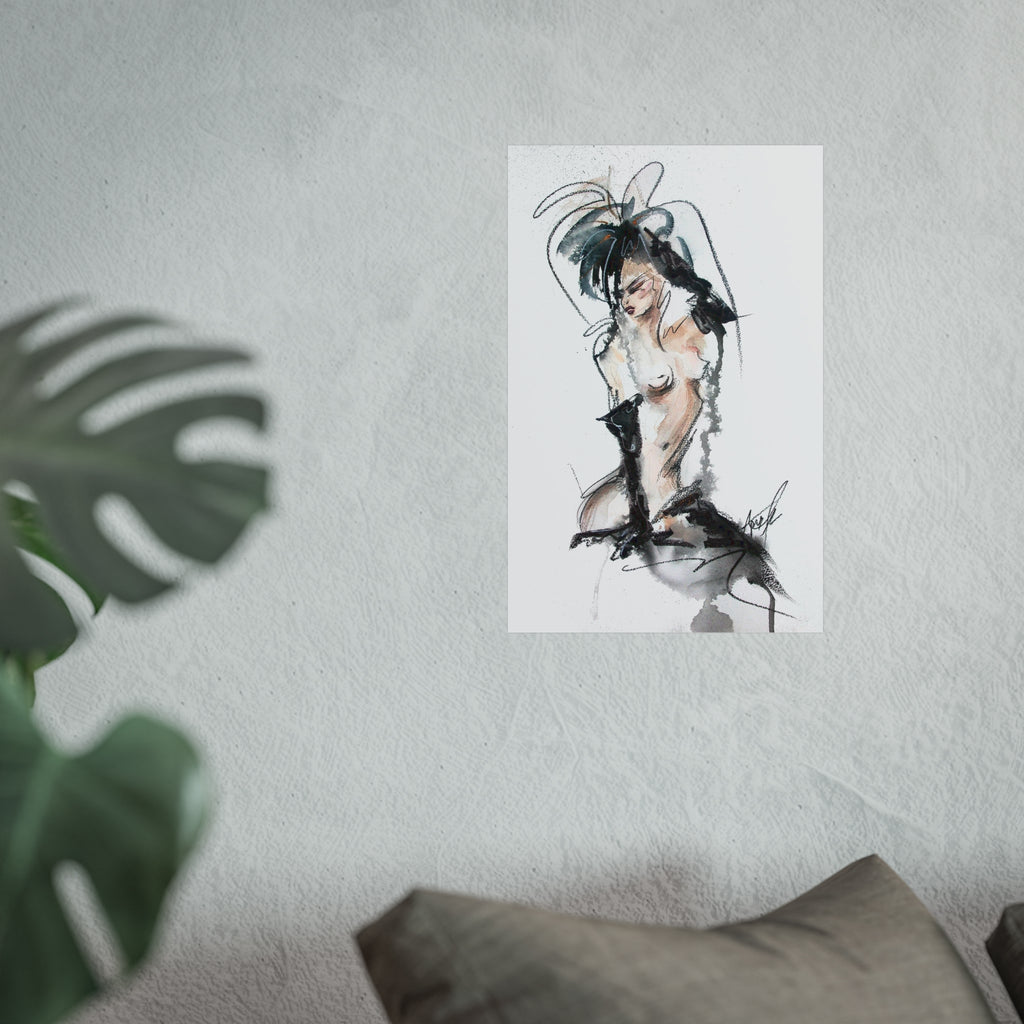 Figurative Fine Art Poster |  Watercolor Nude Fashion Sketch | Woman In Black Gloves
