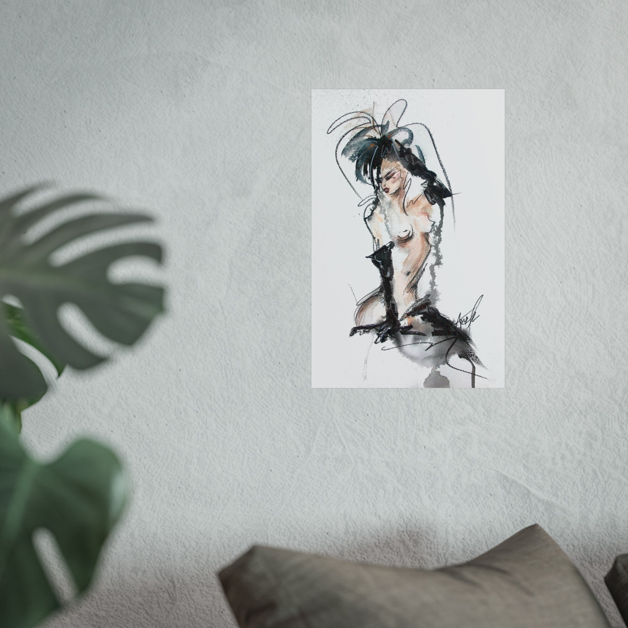 Figurative Fine Art Poster |  Watercolor Nude Fashion Sketch | Woman In Black Gloves