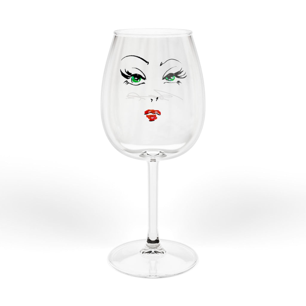 12oz Wine Glass — Glam Face Wine Glass with Green Eyes & Red Lips