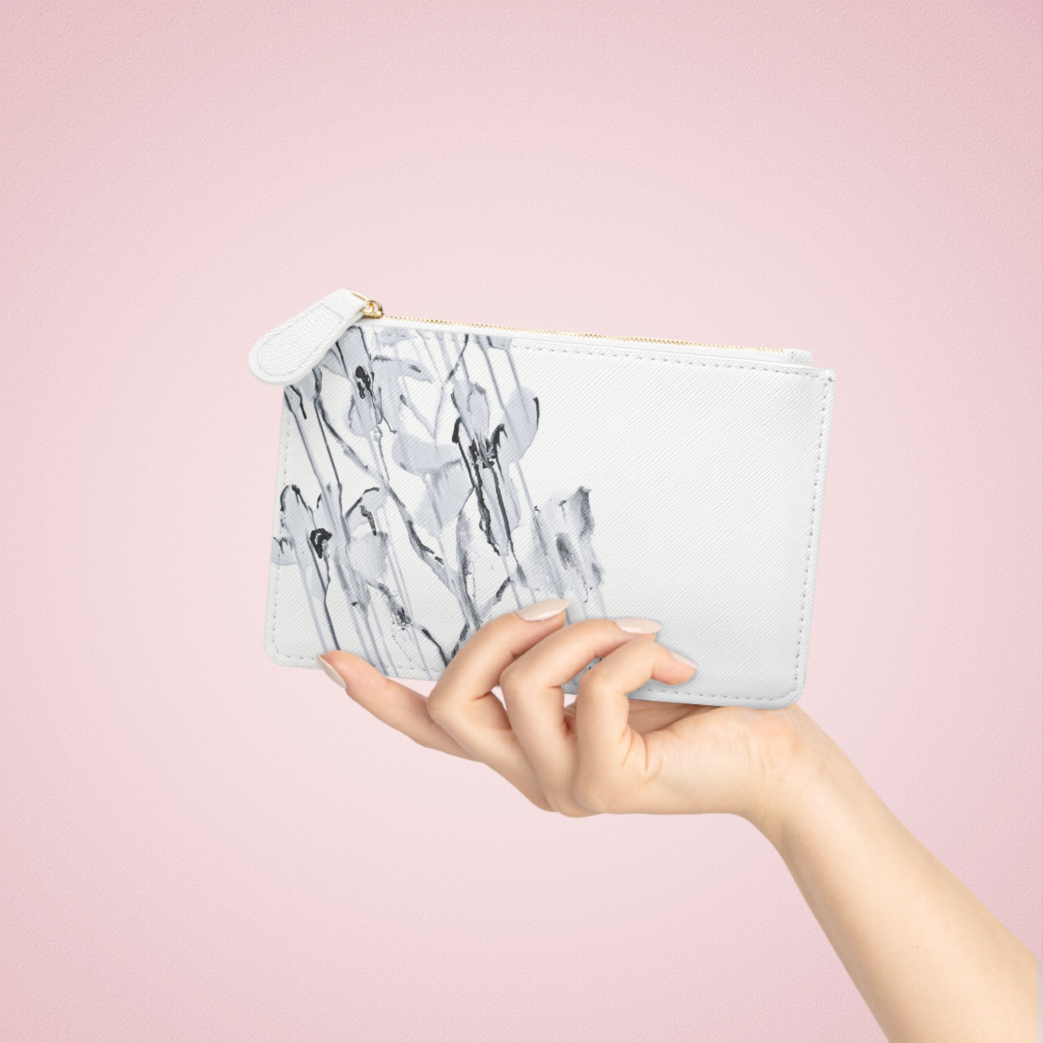 Mini Clutch Bag — Monochrome Watercolor Floral Zip Pouch