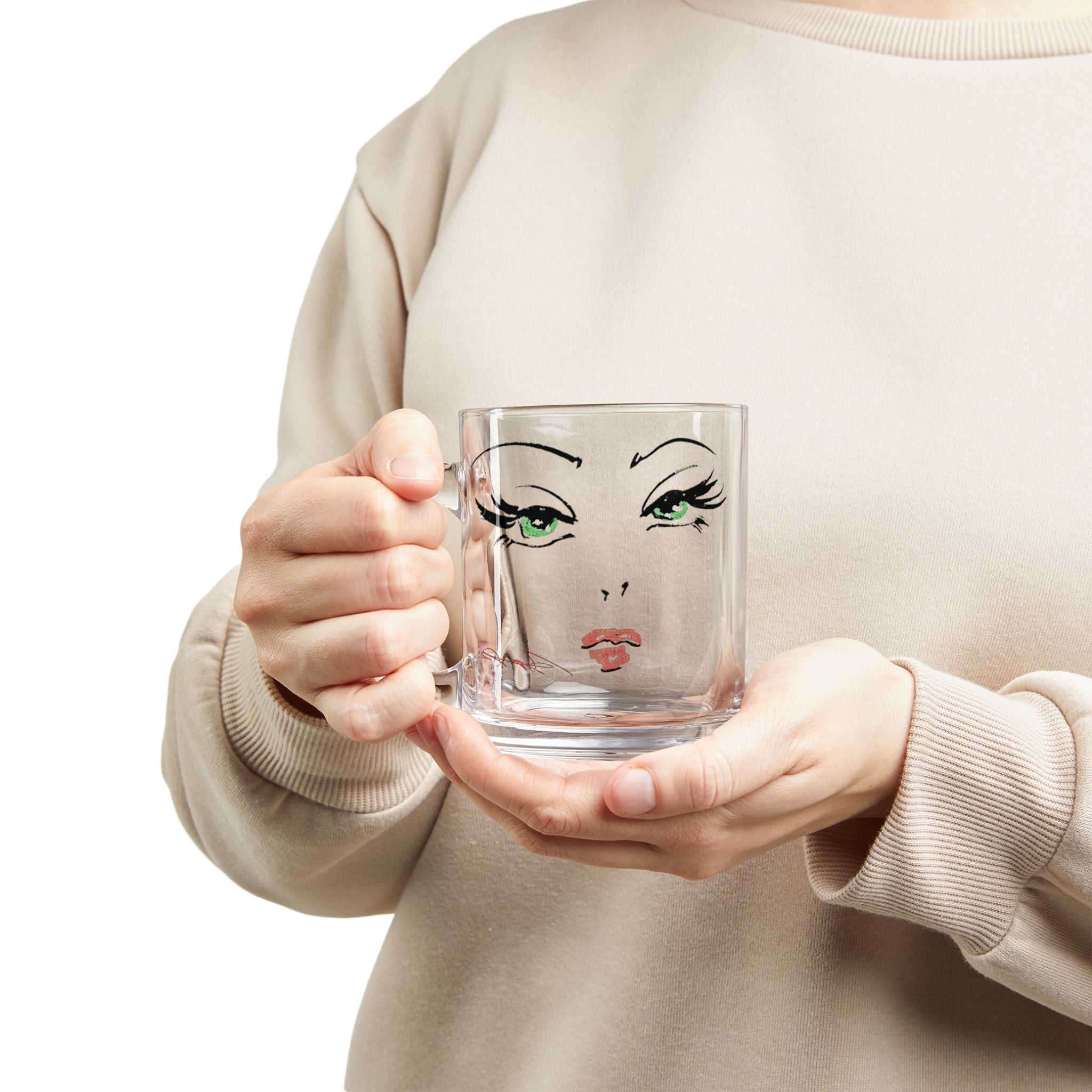 Green-Eyed Glam Face Glass Mug | 10oz Clear Coffee Tea Cup