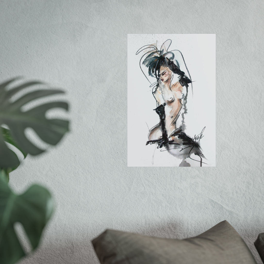 Figurative Fine Art Poster |  Watercolor Nude Fashion Sketch | Woman In Black Gloves