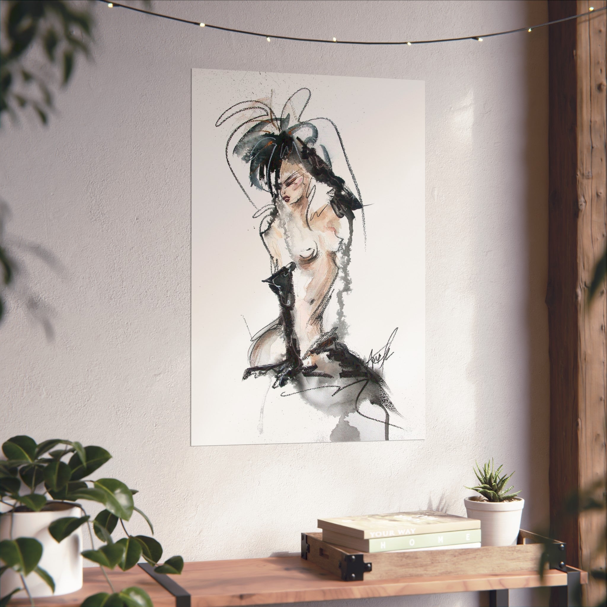 Figurative Fine Art Poster |  Watercolor Nude Fashion Sketch | Woman In Black Gloves