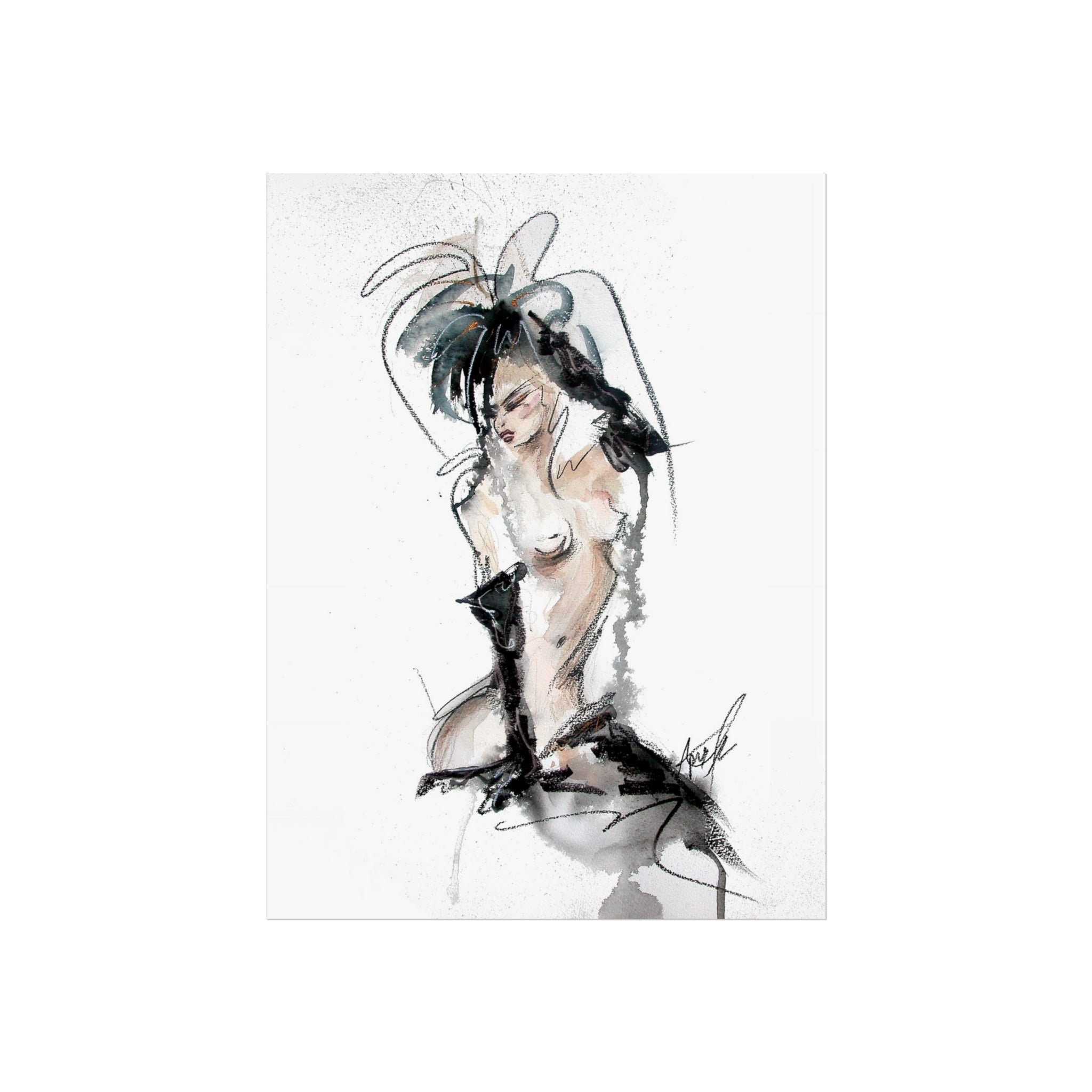 Figurative Fine Art Poster |  Watercolor Nude Fashion Sketch | Woman In Black Gloves