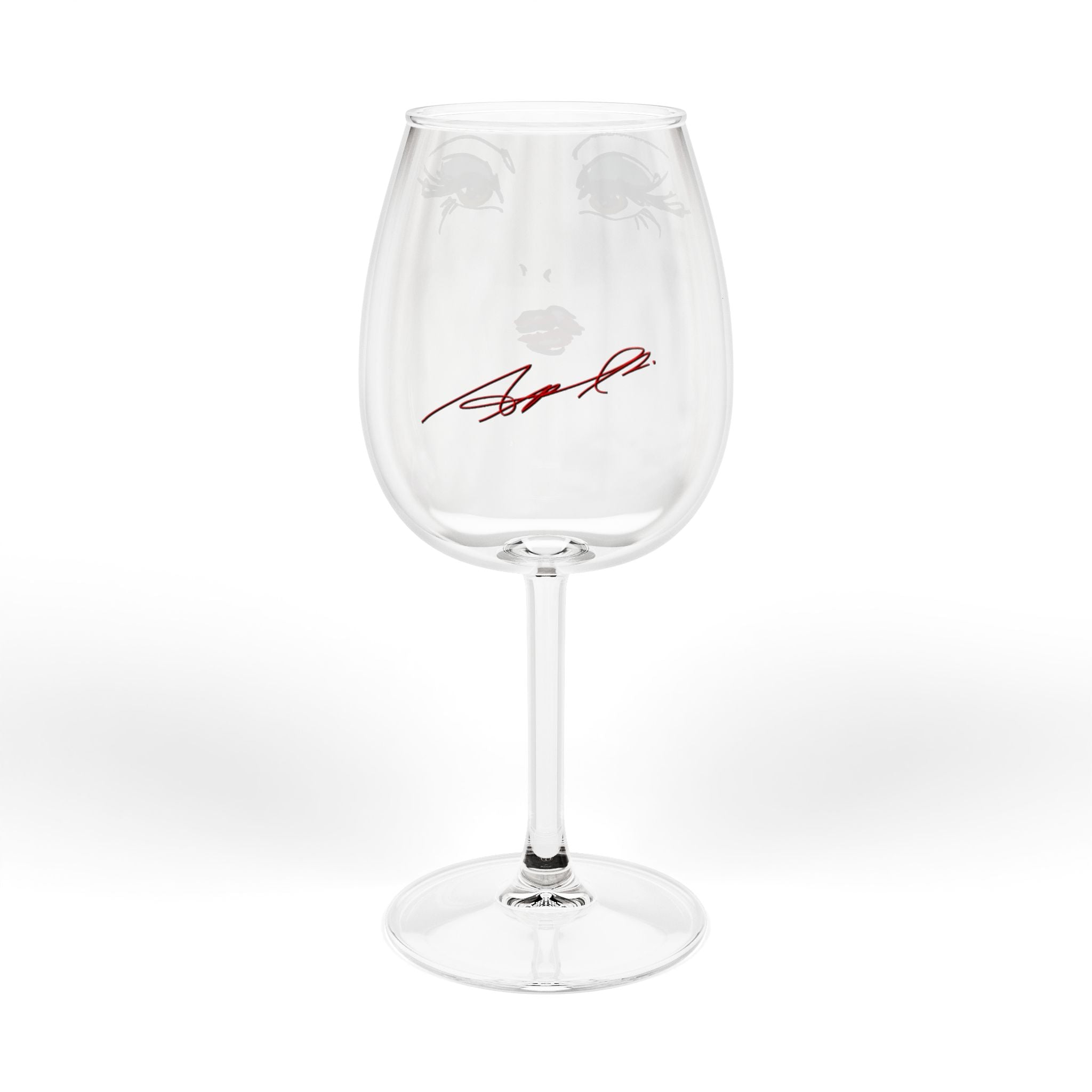12oz Wine Glass with Glam Face Design — Chic Red Lip & Lashes Stemware