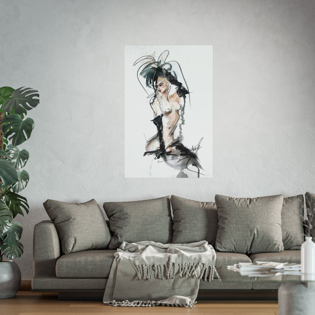Figurative Fine Art Poster |  Watercolor Nude Fashion Sketch | Woman In Black Gloves