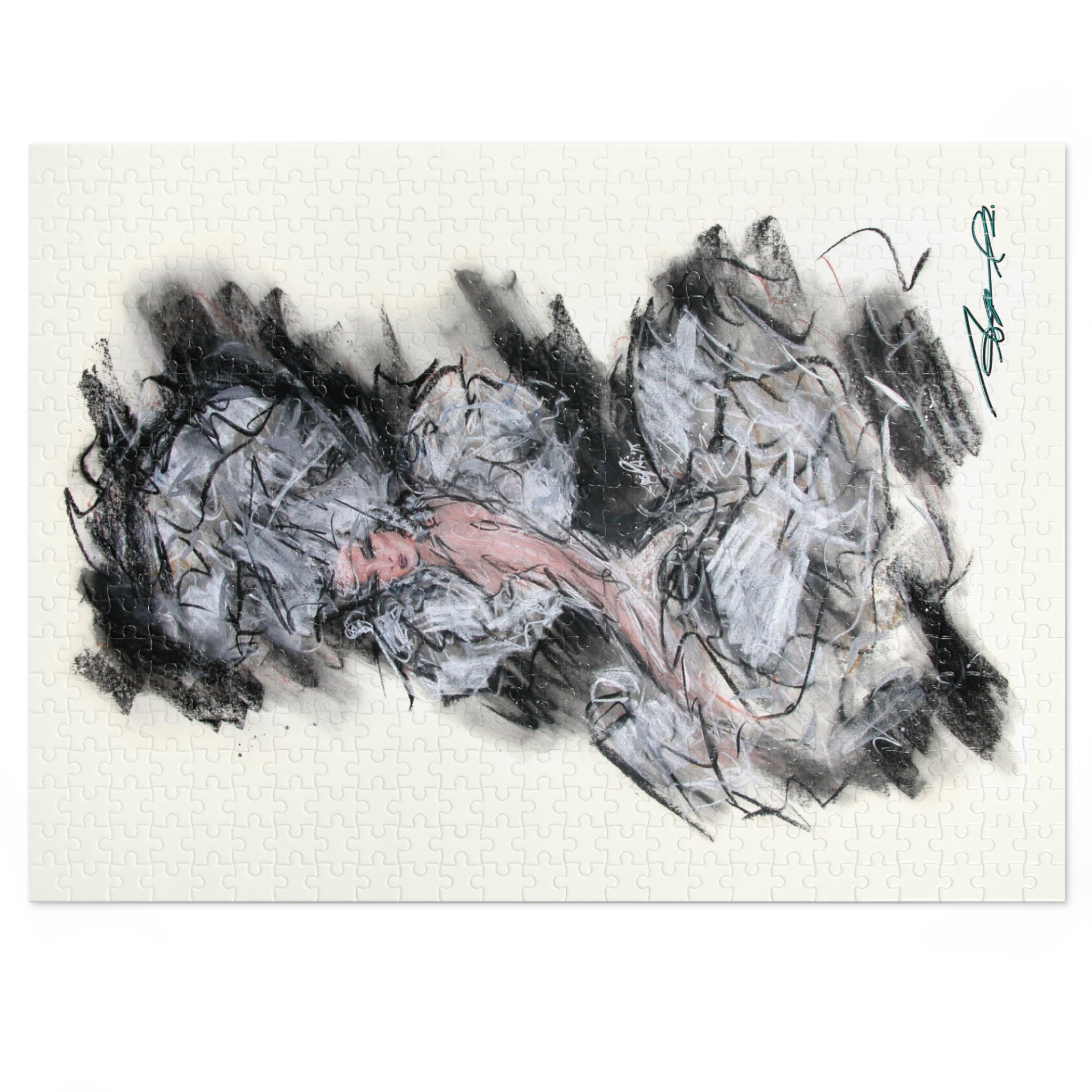 Abstract Charcoal Art Jigsaw Puzzle with Tin – Modern Black & Pink Sketch