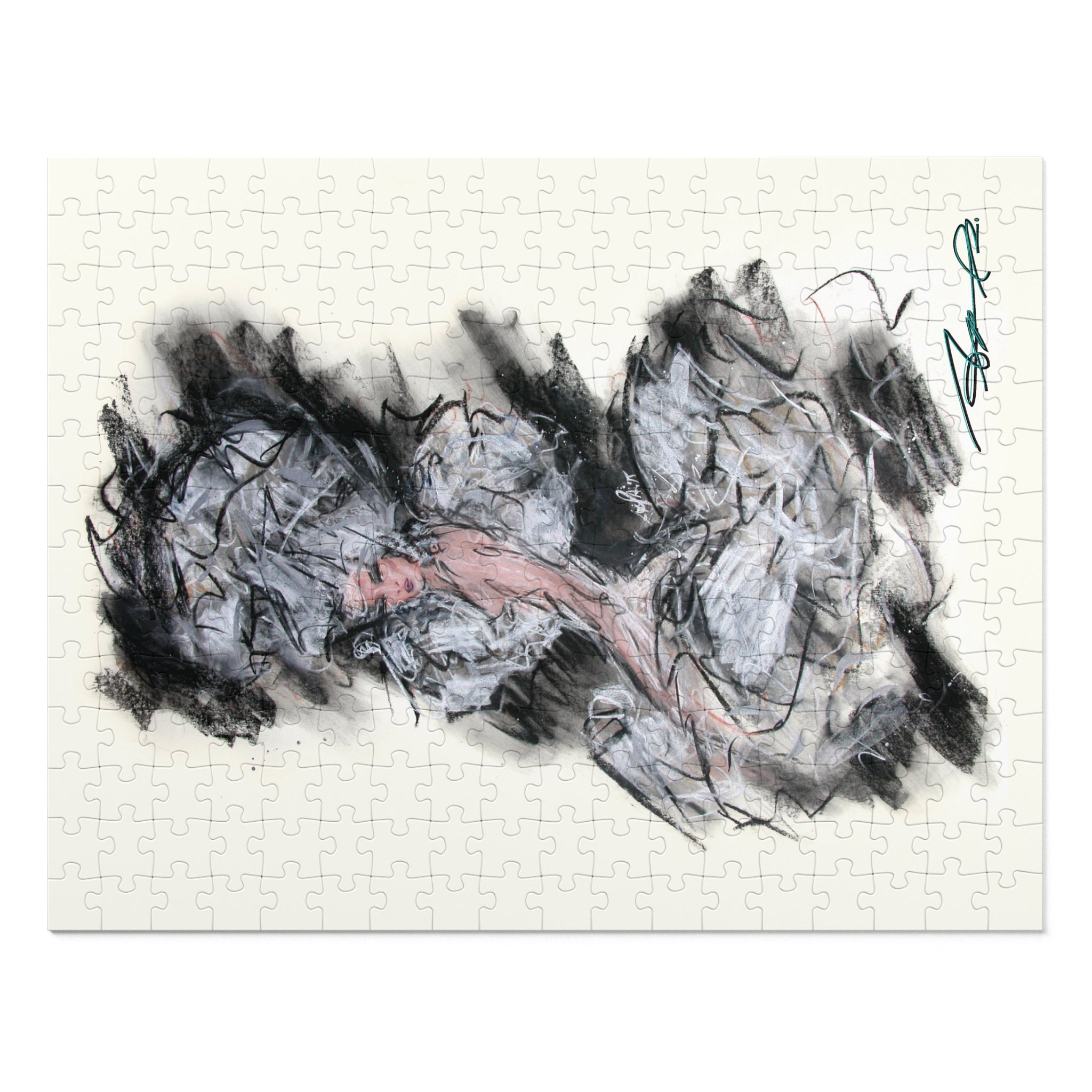 Abstract Charcoal Art Jigsaw Puzzle with Tin – Modern Black & Pink Sketch