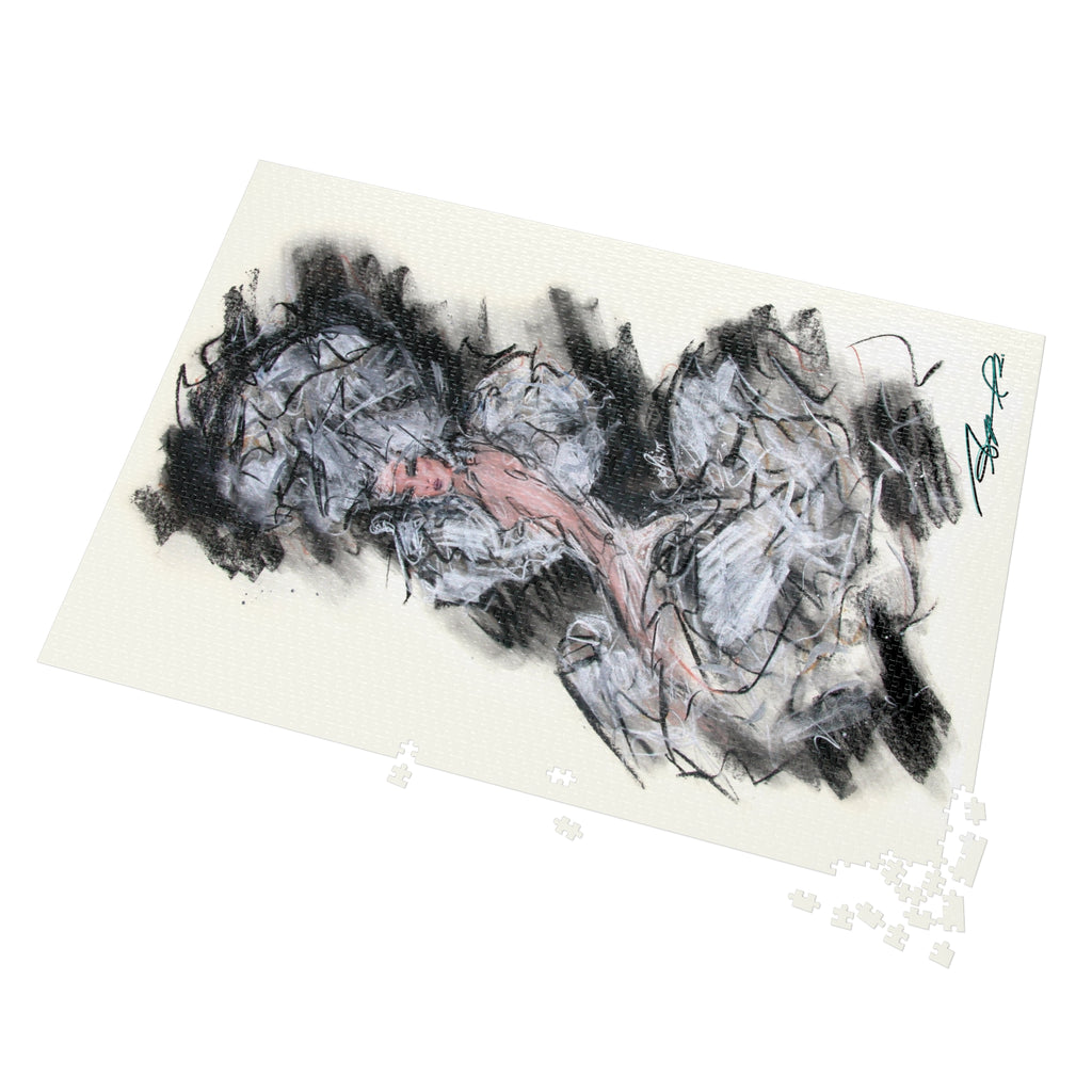 Abstract Charcoal Art Jigsaw Puzzle with Tin – Modern Black & Pink Sketch