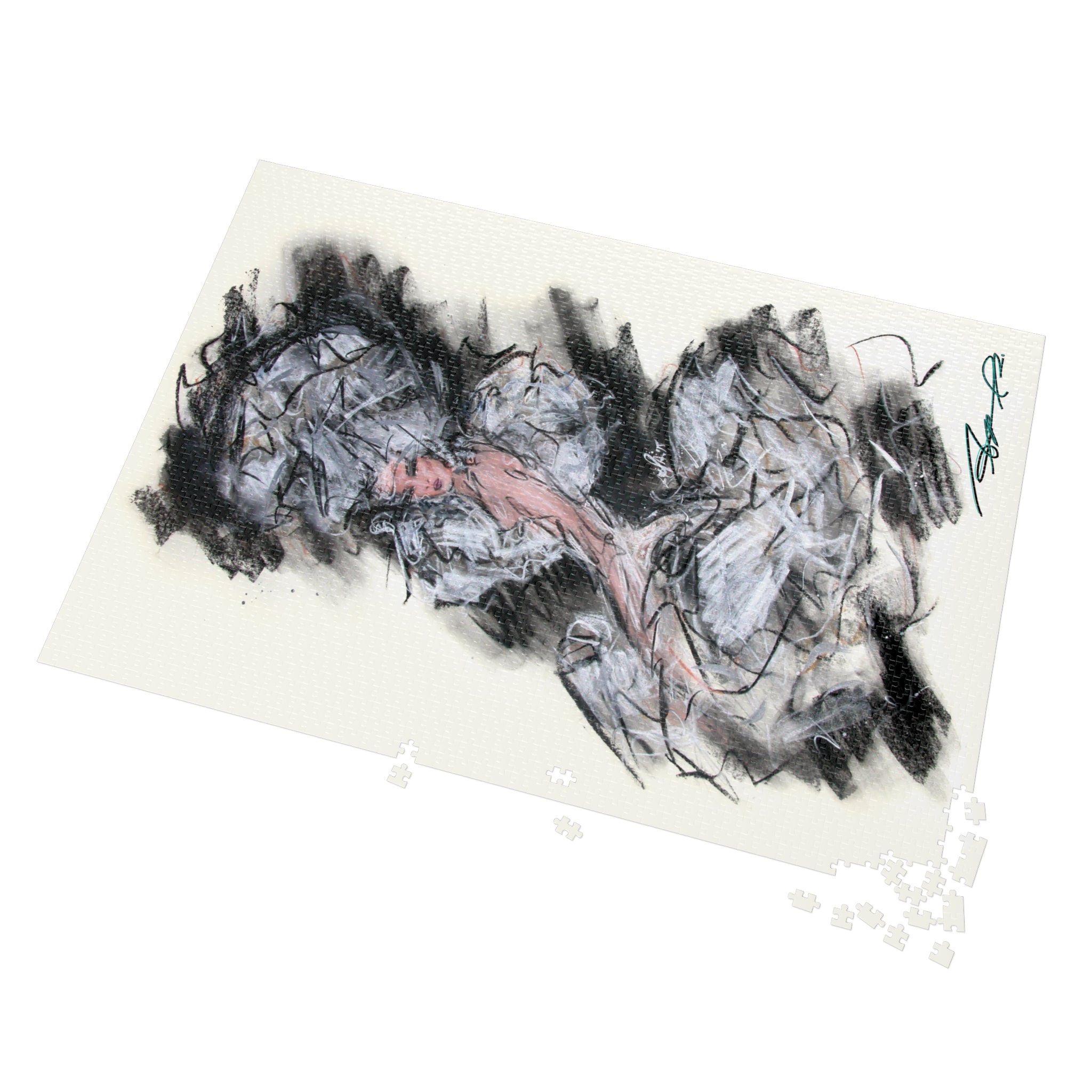 Abstract Charcoal Art Jigsaw Puzzle with Tin – Modern Black & Pink Sketch