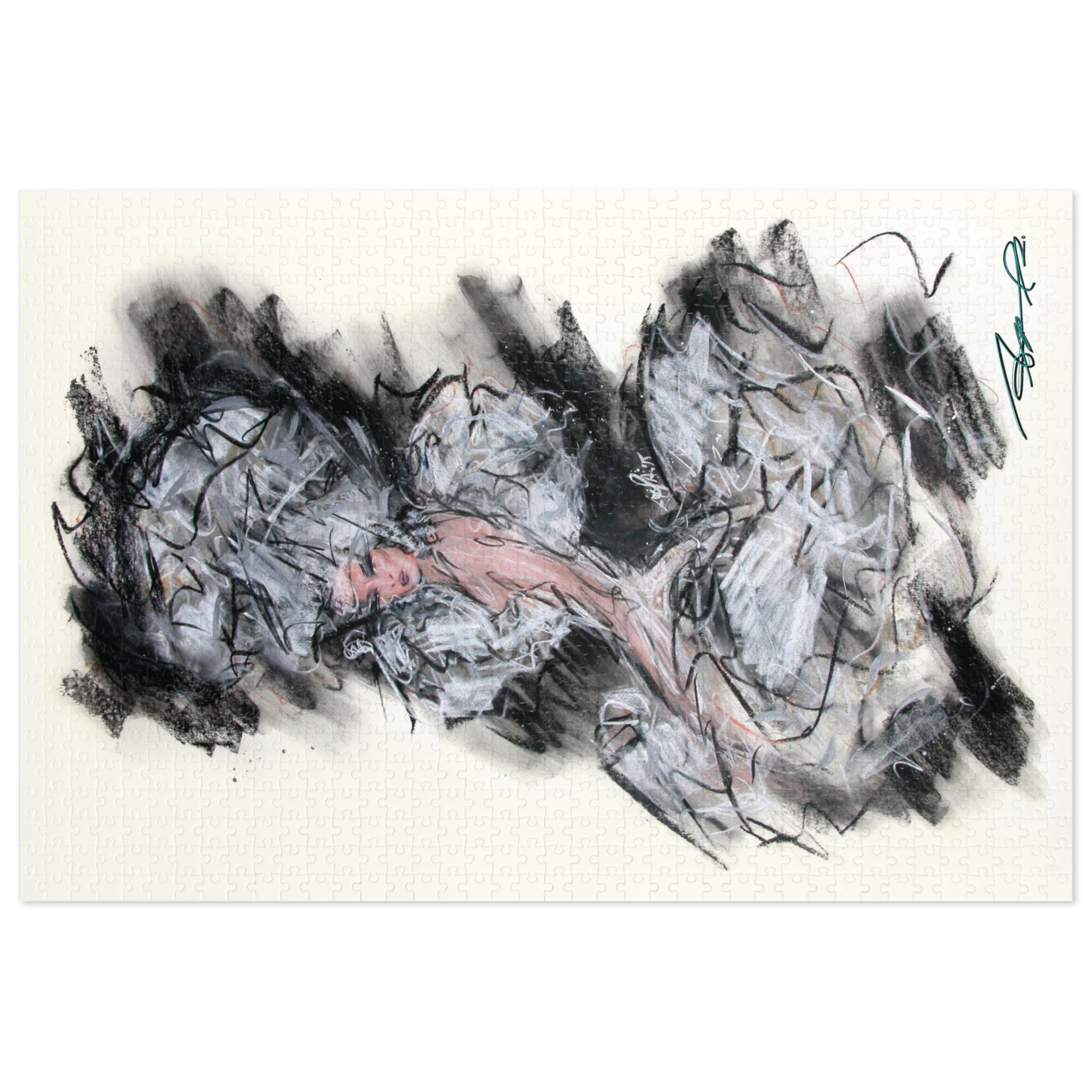Abstract Charcoal Art Jigsaw Puzzle with Tin – Modern Black & Pink Sketch