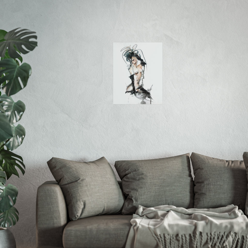 Figurative Fine Art Poster |  Watercolor Nude Fashion Sketch | Woman In Black Gloves