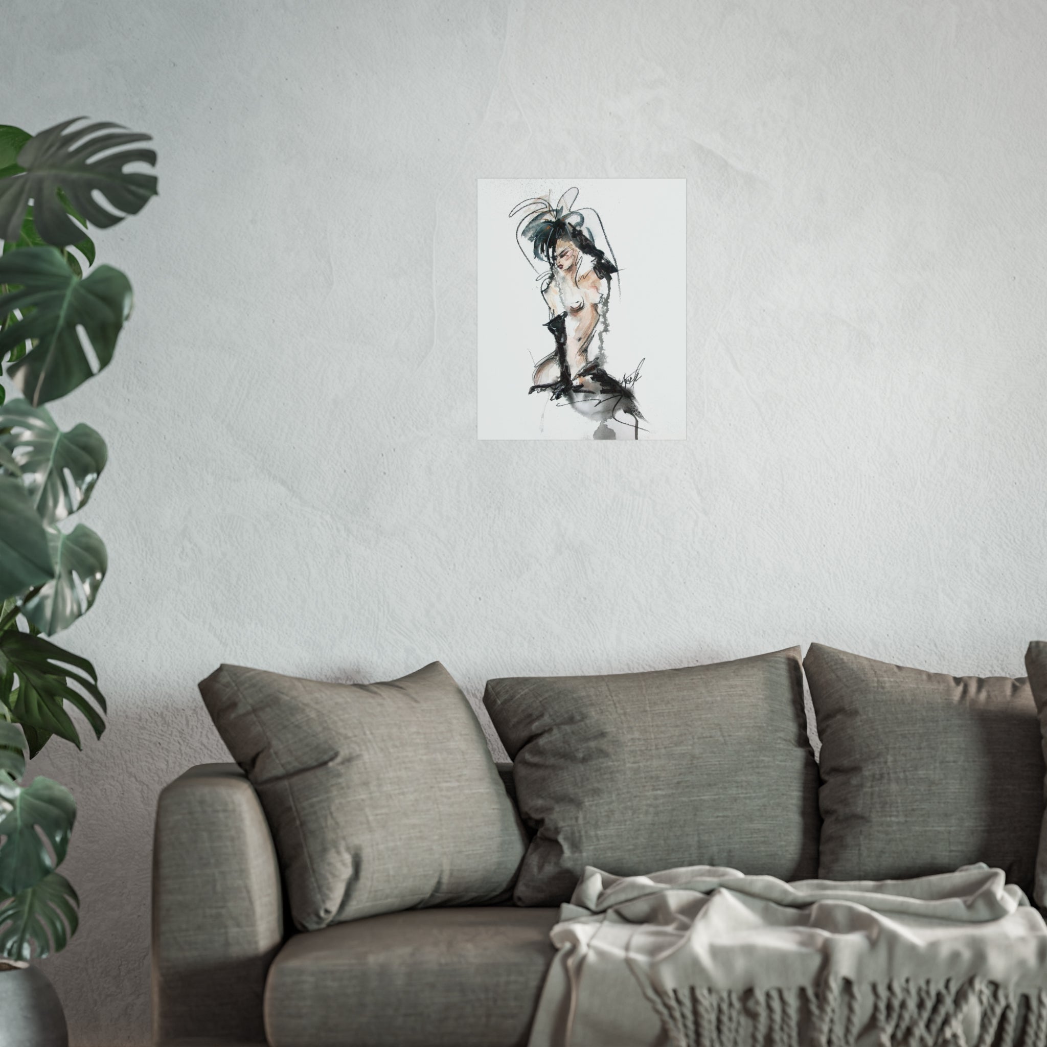 Figurative Fine Art Poster |  Watercolor Nude Fashion Sketch | Woman In Black Gloves