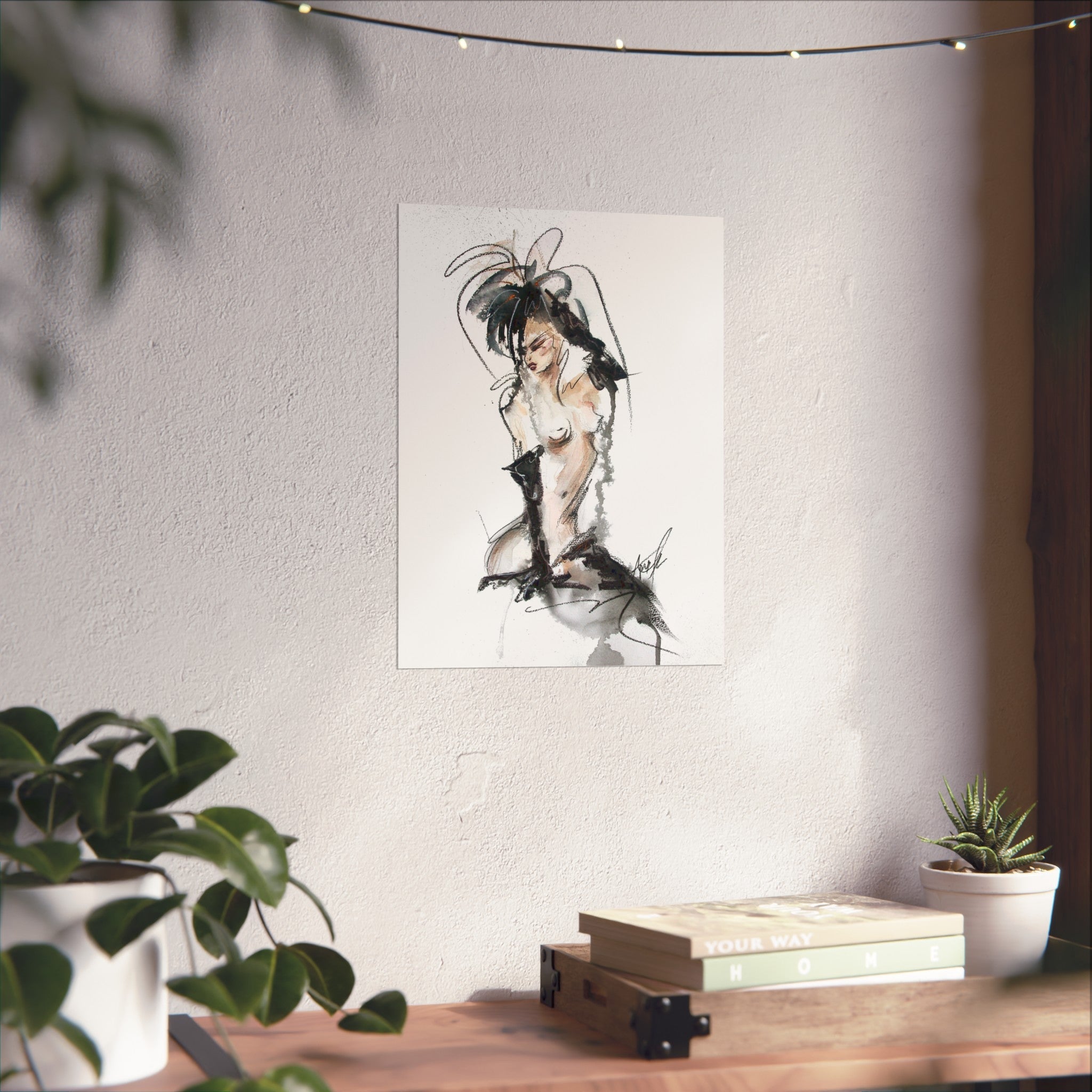 Figurative Fine Art Poster |  Watercolor Nude Fashion Sketch | Woman In Black Gloves