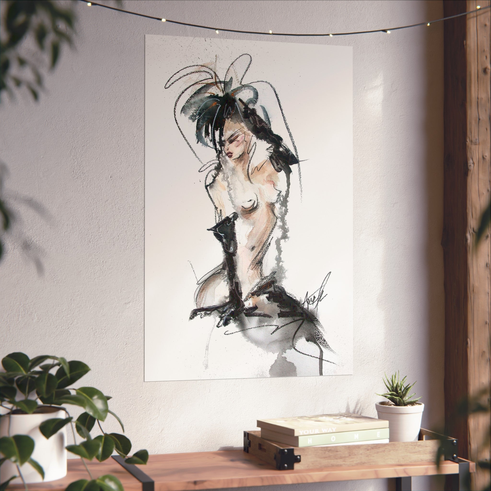 Figurative Fine Art Poster |  Watercolor Nude Fashion Sketch | Woman In Black Gloves