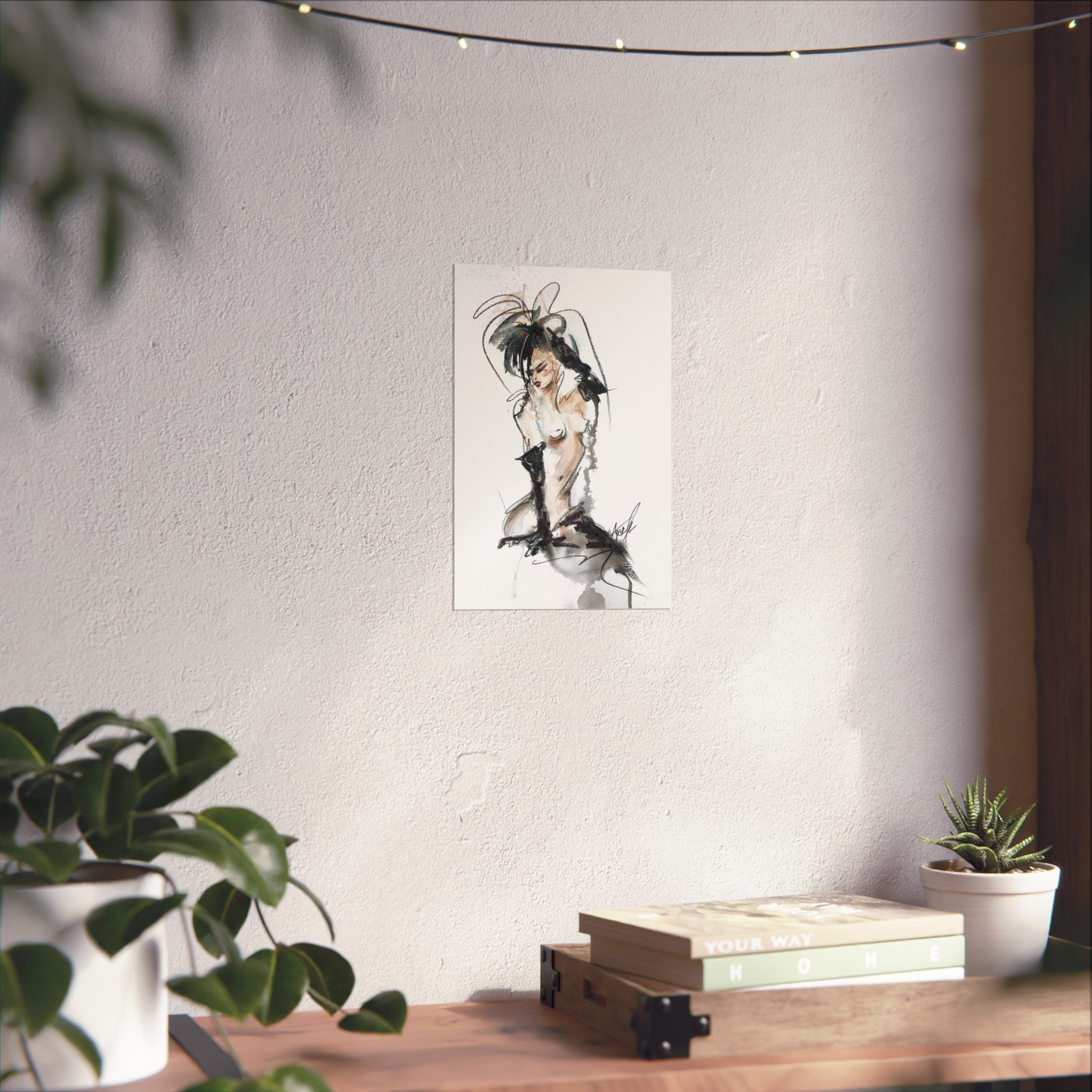 Figurative Fine Art Poster |  Watercolor Nude Fashion Sketch | Woman In Black Gloves