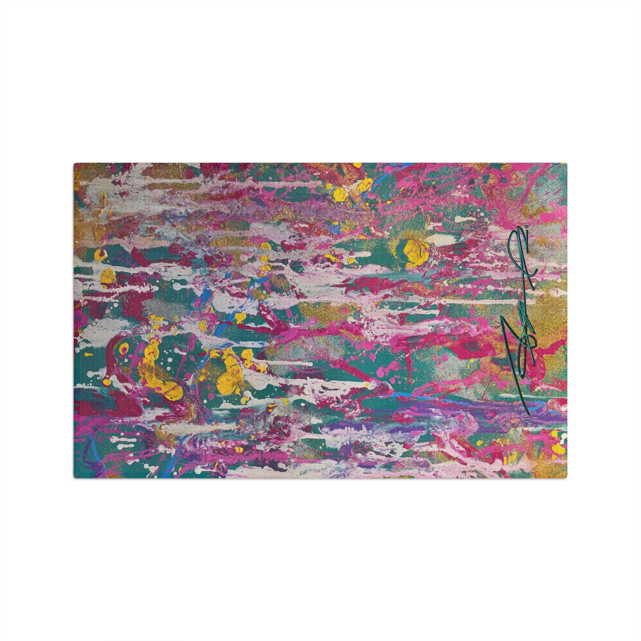 Abstract Color Splash Tea Towel — Vibrant Pink, Teal & Gold Microfiber Kitchen Towel