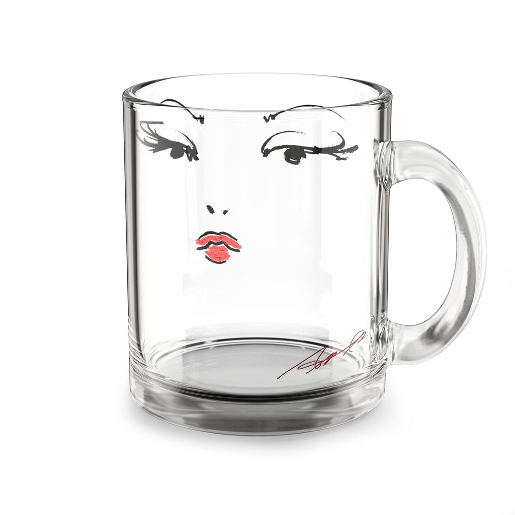 Glam Face Illustration Glass Mug, 10oz | Fashion Portrait, Red Lips
