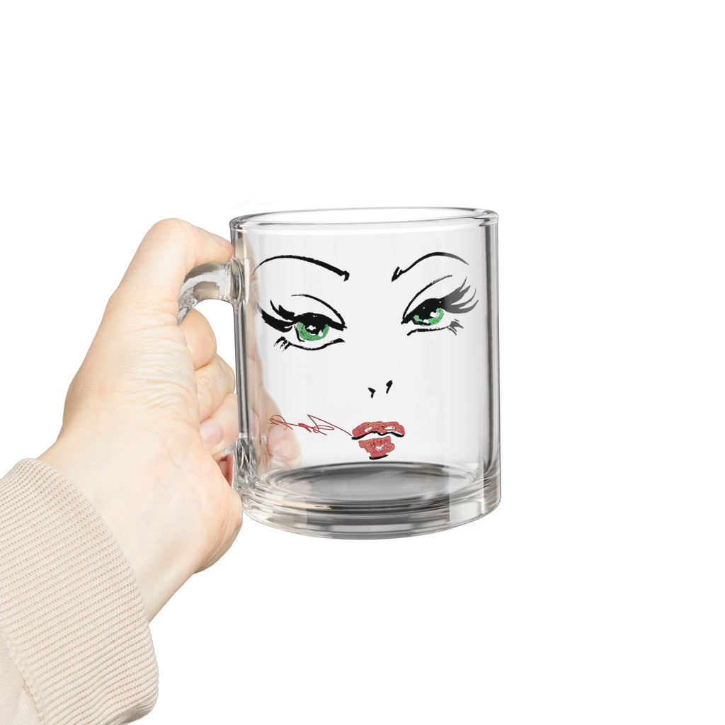 Green-Eyed Glam Face Glass Mug | 10oz Clear Coffee Tea Cup