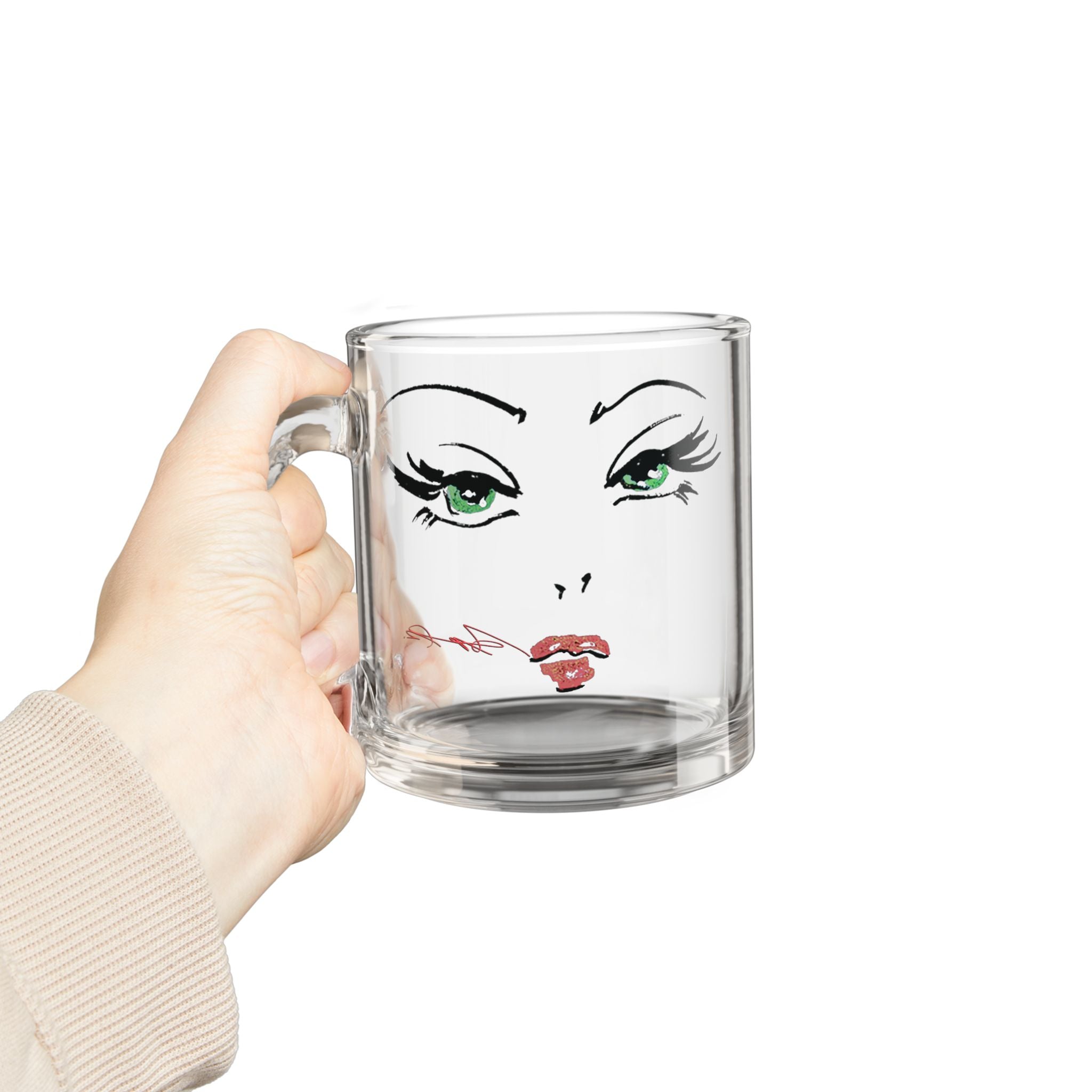 Green-Eyed Glam Face Glass Mug | 10oz Clear Coffee Tea Cup