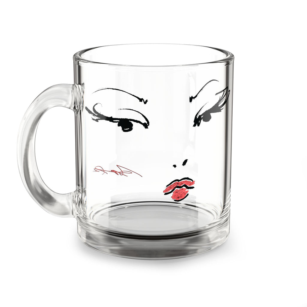 Glam Face Illustration Glass Mug, 10oz | Fashion Portrait, Red Lips