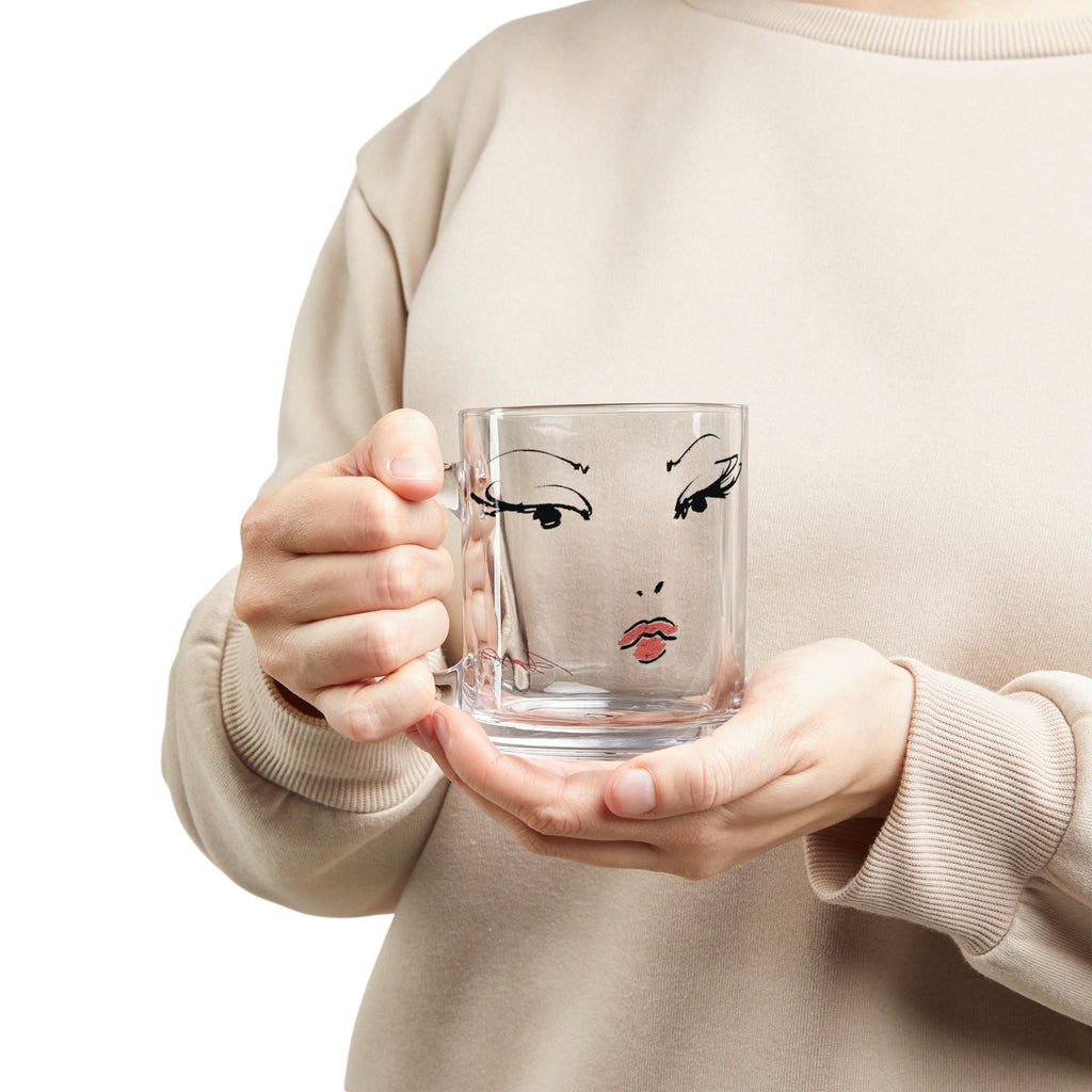 Glam Face Illustration Glass Mug, 10oz | Fashion Portrait, Red Lips