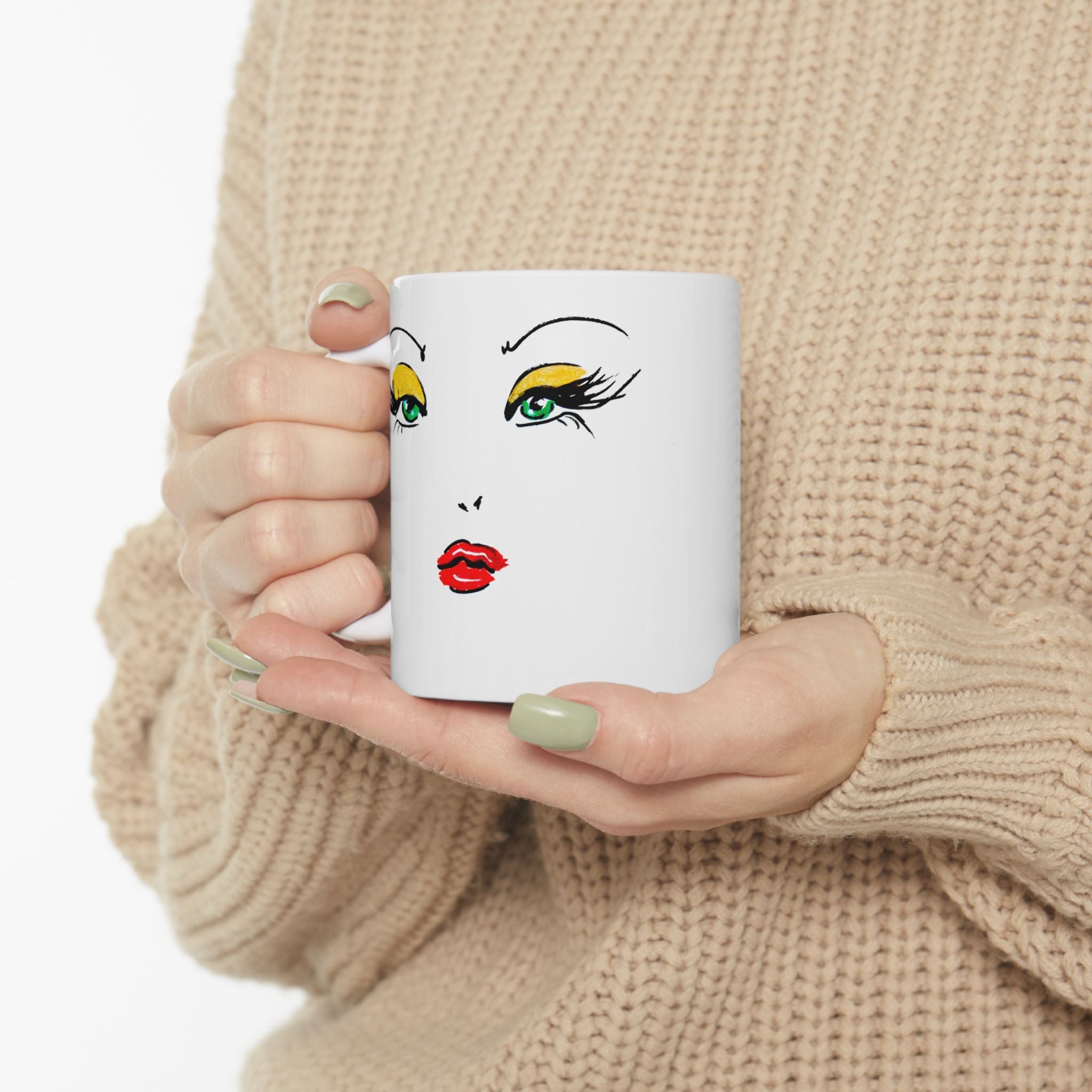 Eye & Lips Art Ceramic Mug — Minimalist Fashion Face Coffee Cup (11oz, 15oz)