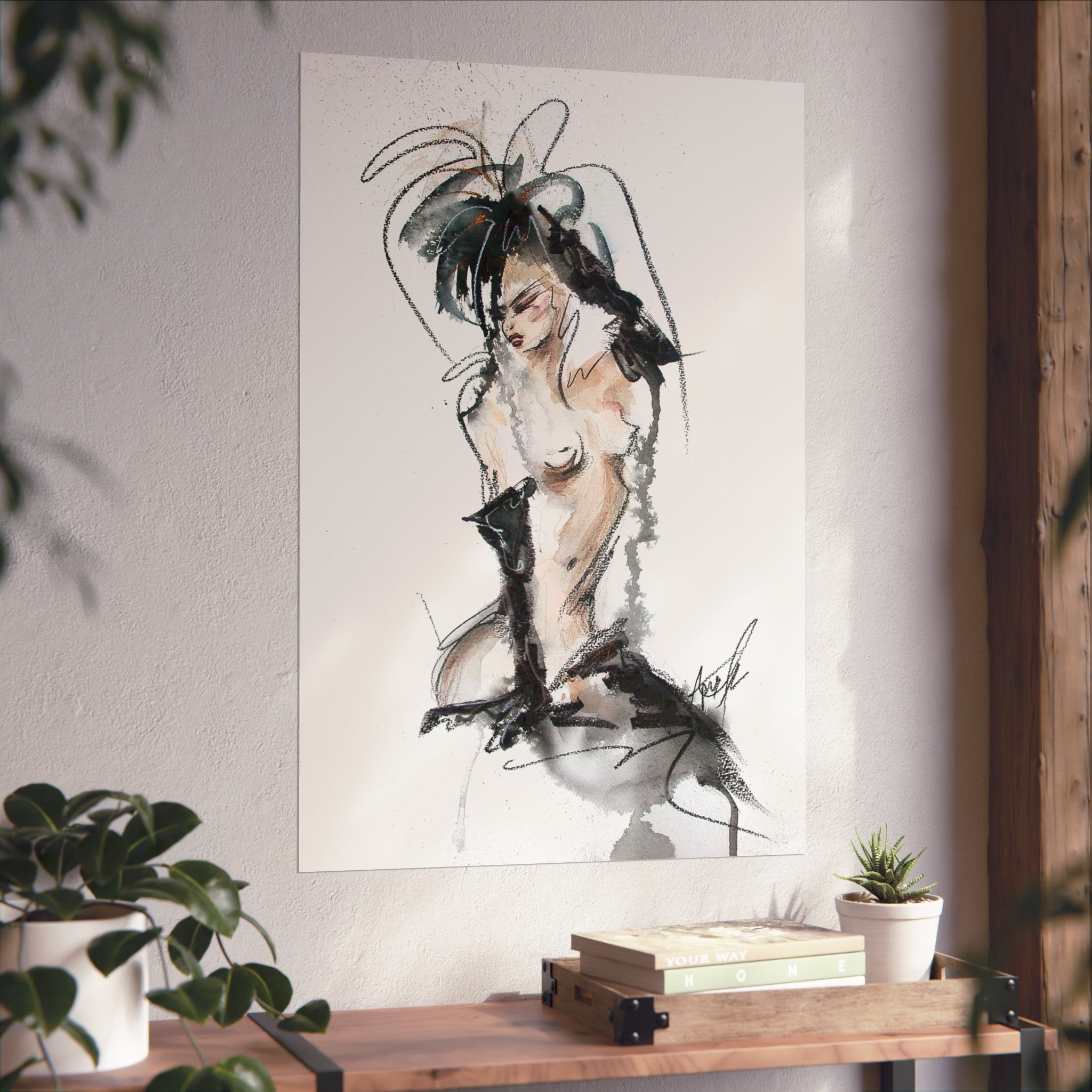 Figurative Fine Art Poster |  Watercolor Nude Fashion Sketch | Woman In Black Gloves